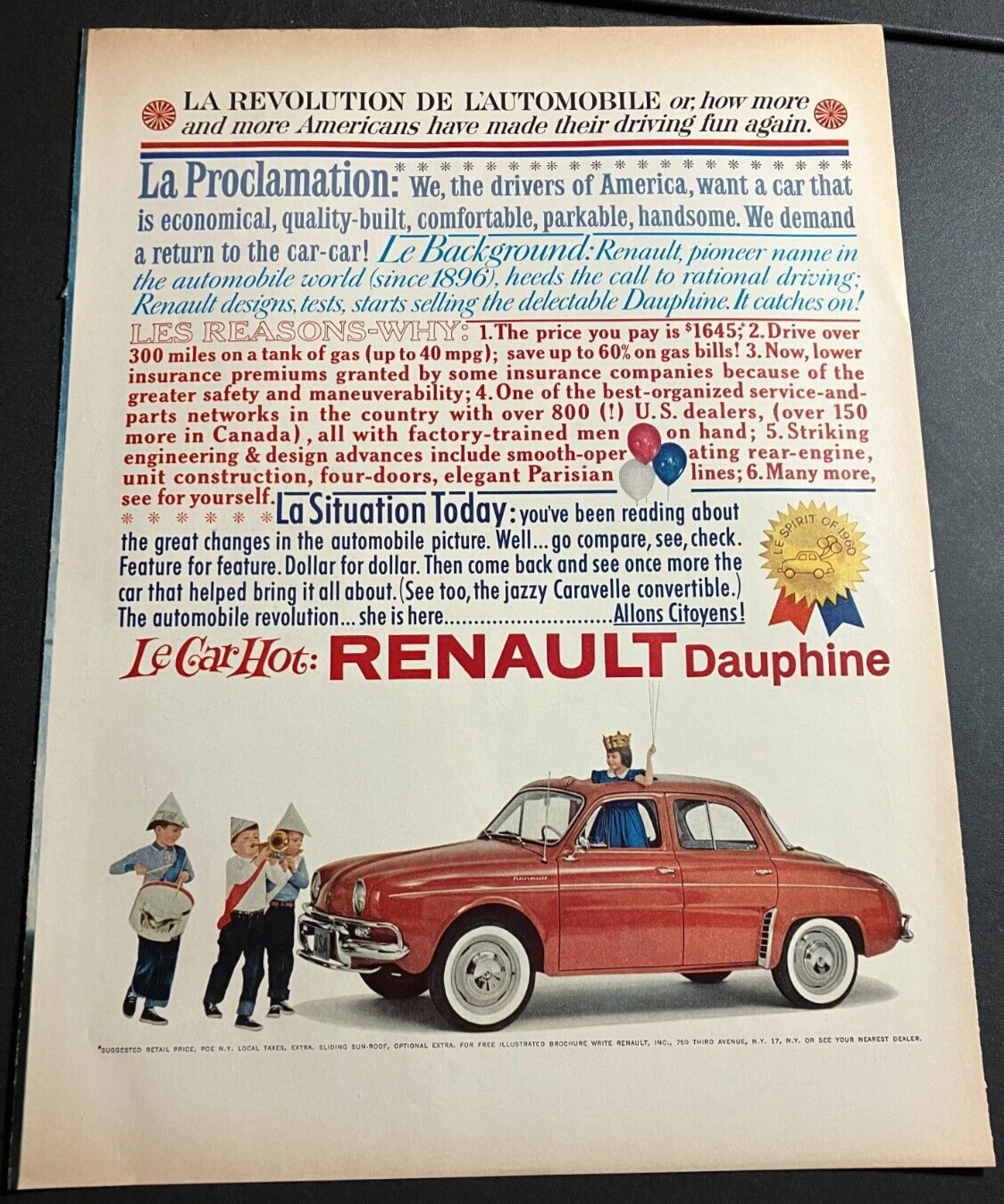 Red 1960 Renault Dauphine - Vintage Original Automotive Color Print Ad Wall Art