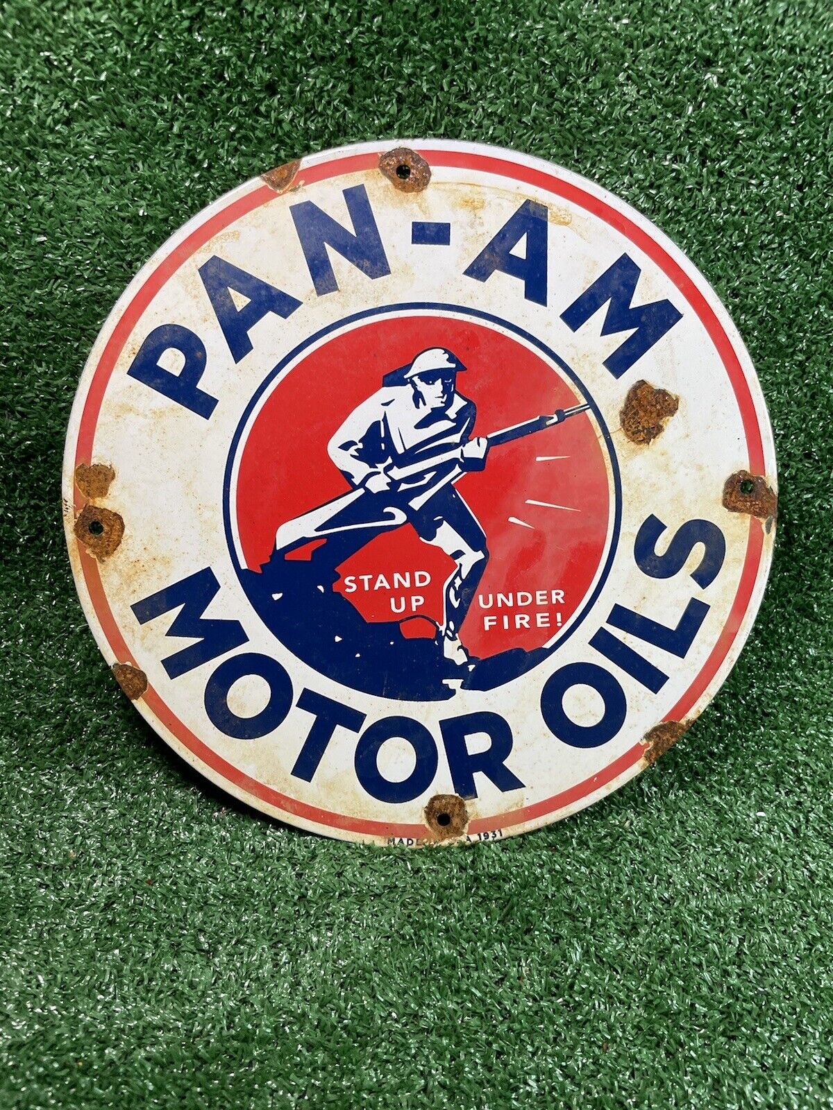 VINTAGE 1931 PAN-AM PORCELAIN SIGN MILITARY WAR PANAMA 12 GAS MOTOR OIL SERVICE