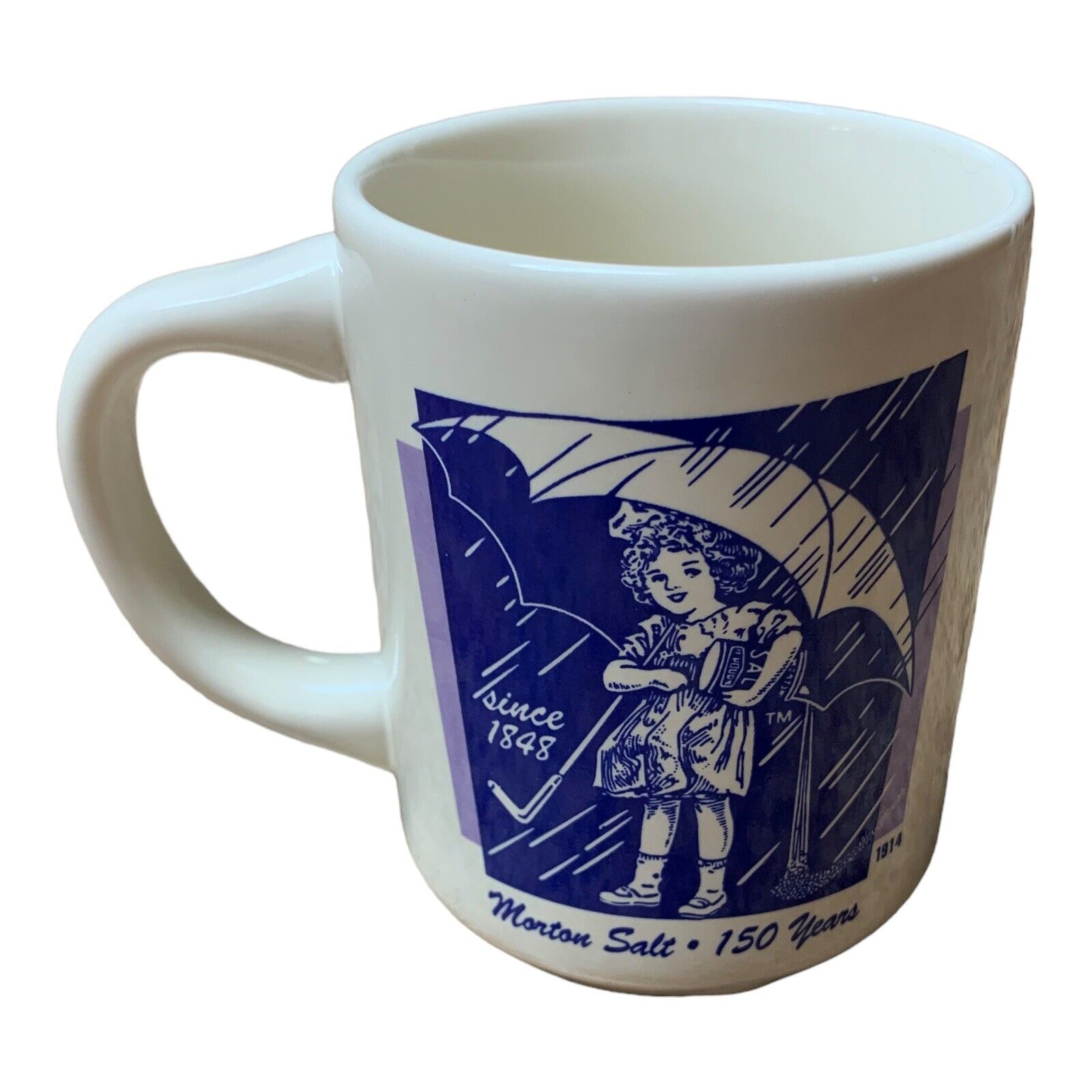 Vtg Bryan China Mug Morton Salt Girl 150 Year Anniversary Coffee Cup 1914 Ad