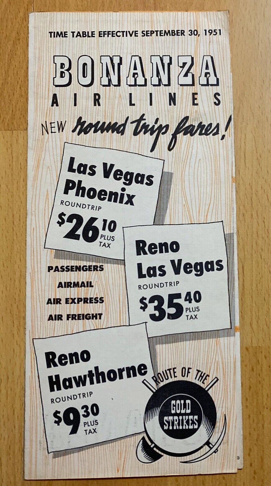 Bonanza Air Lines 1951 Complete Time Table Las Vegas Tri-fold