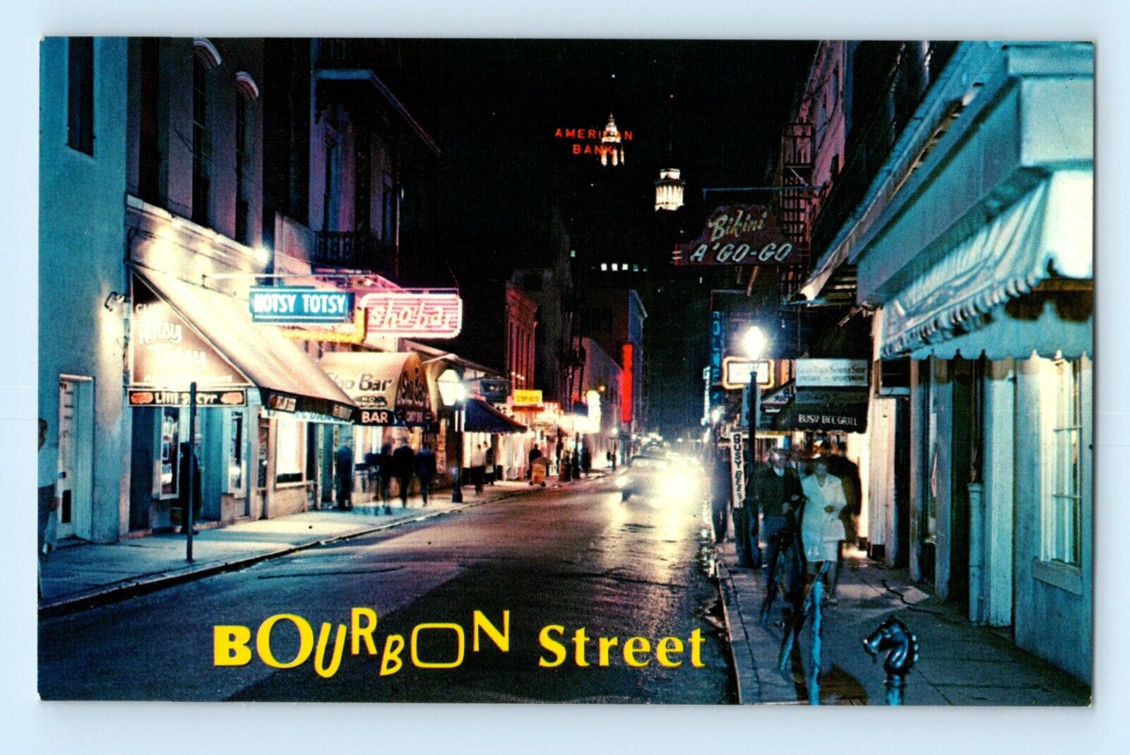 Night View Bourbon Street 1960 American Bank S New Orleans Louisiana Postcard C2