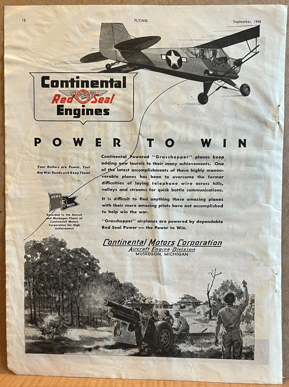 1945 Continental Motors Corp Muskegon MI Print Ad Aeronca LB-3 Grasshopper Plane