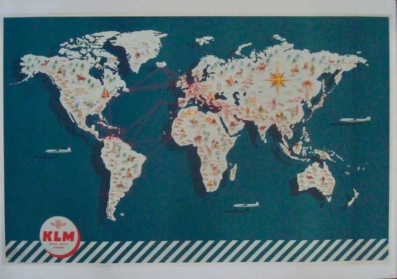 KLM AIRLINES FLIGHT MAP Vintage Travel poster 1943 25x40 NEAR MINT LINEN BACKED