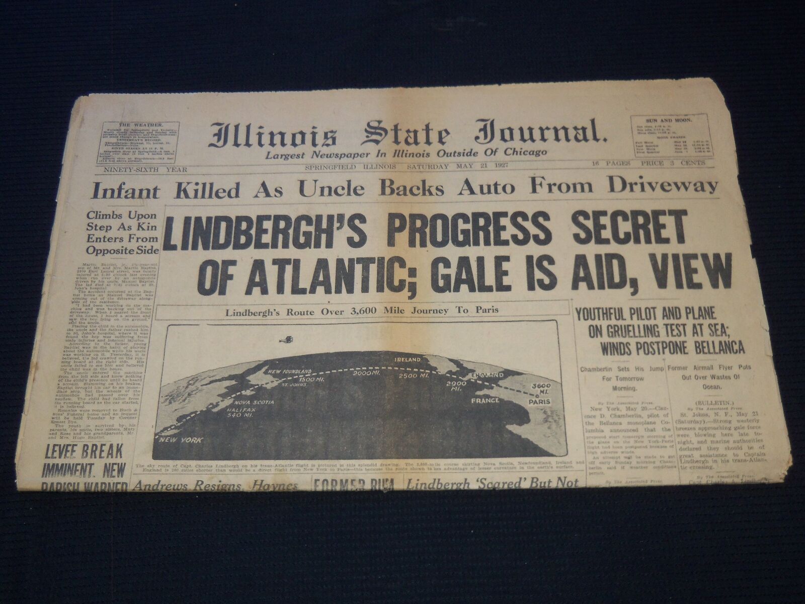 1927 MAY 21 ILLINOIS JOURNAL NEWSPAPER - LINDBERGH\'S PROGRESS SECRET - NP 5818