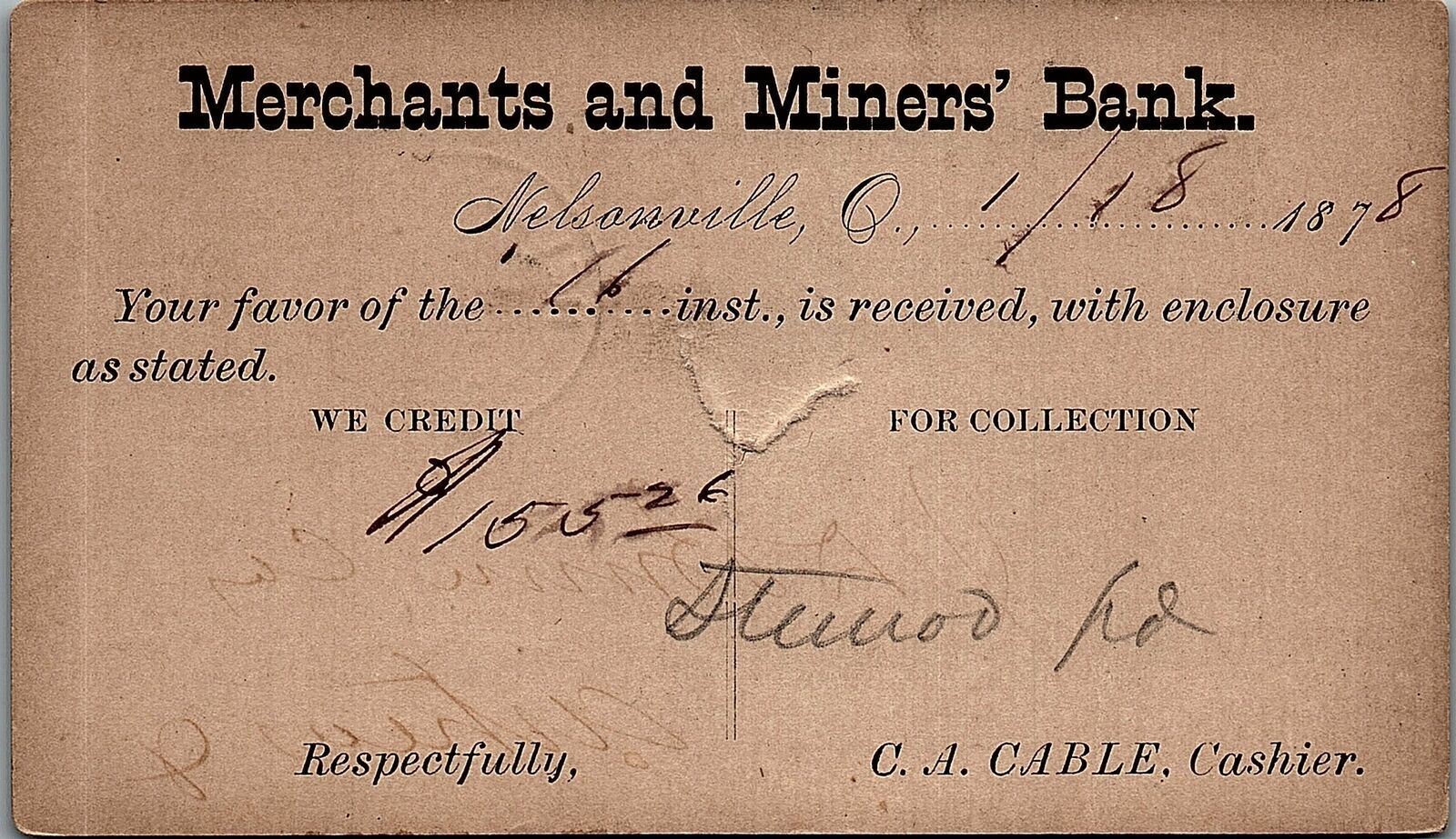 1878 NELSONVILLE OHIO MERCHANTS & MINERS BANK STATEMENT CARD POSTCARD 36-207