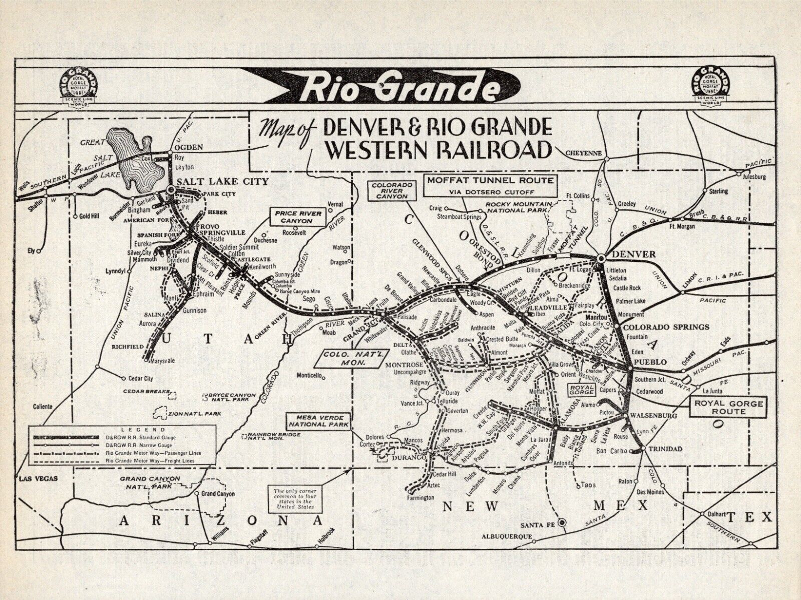 1944 Antique Denver and Rio Grande  Western Railroad Map   1486
