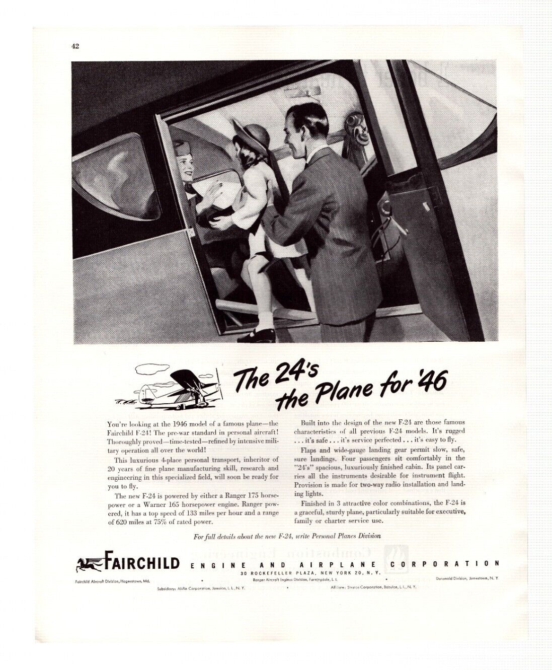 Vtg Print Ad 1946 Fairchild Airplane Corporation F-24 Personal Aircraft