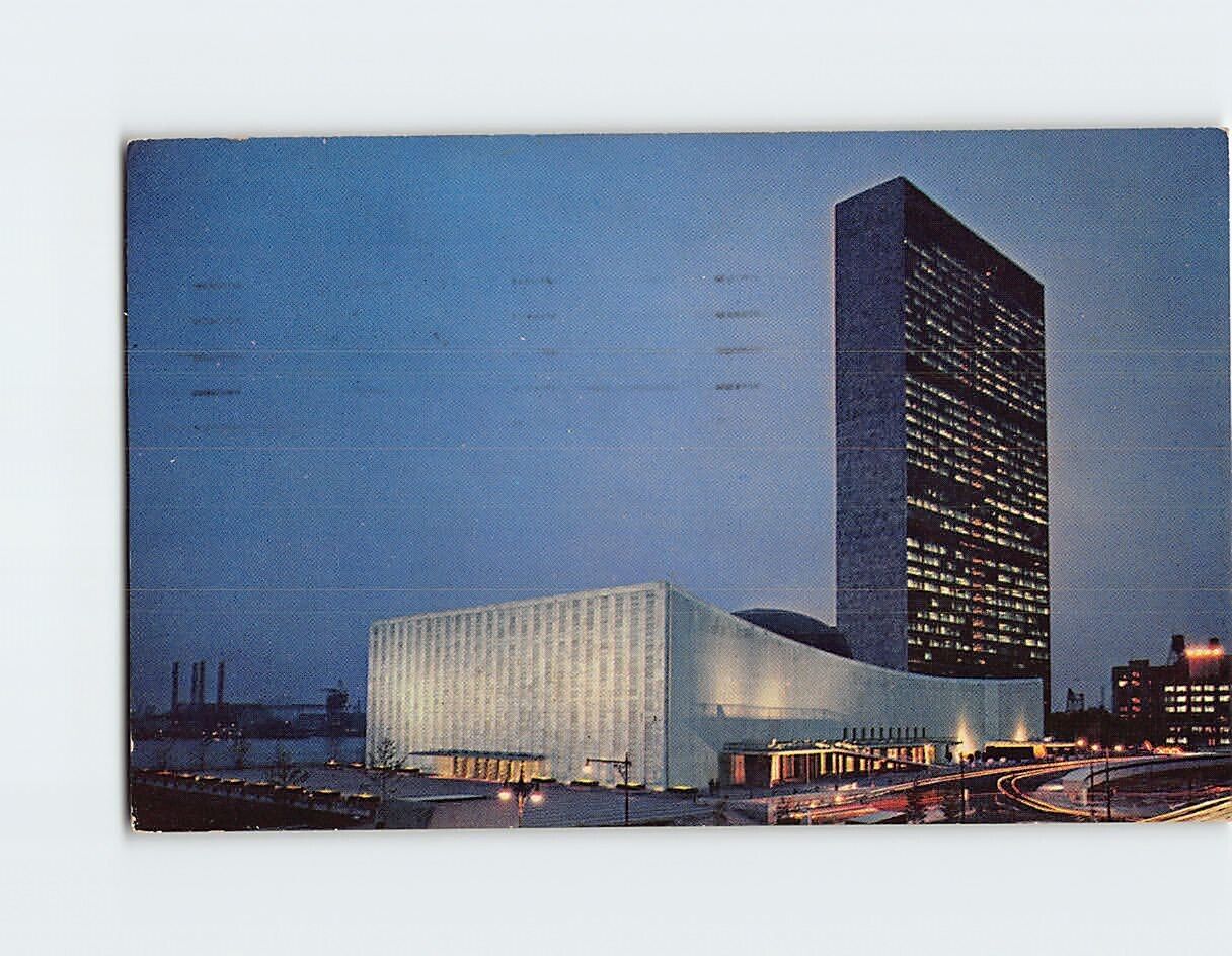 Postcard Evening View United Nations Headquarters NYC New York USA North America