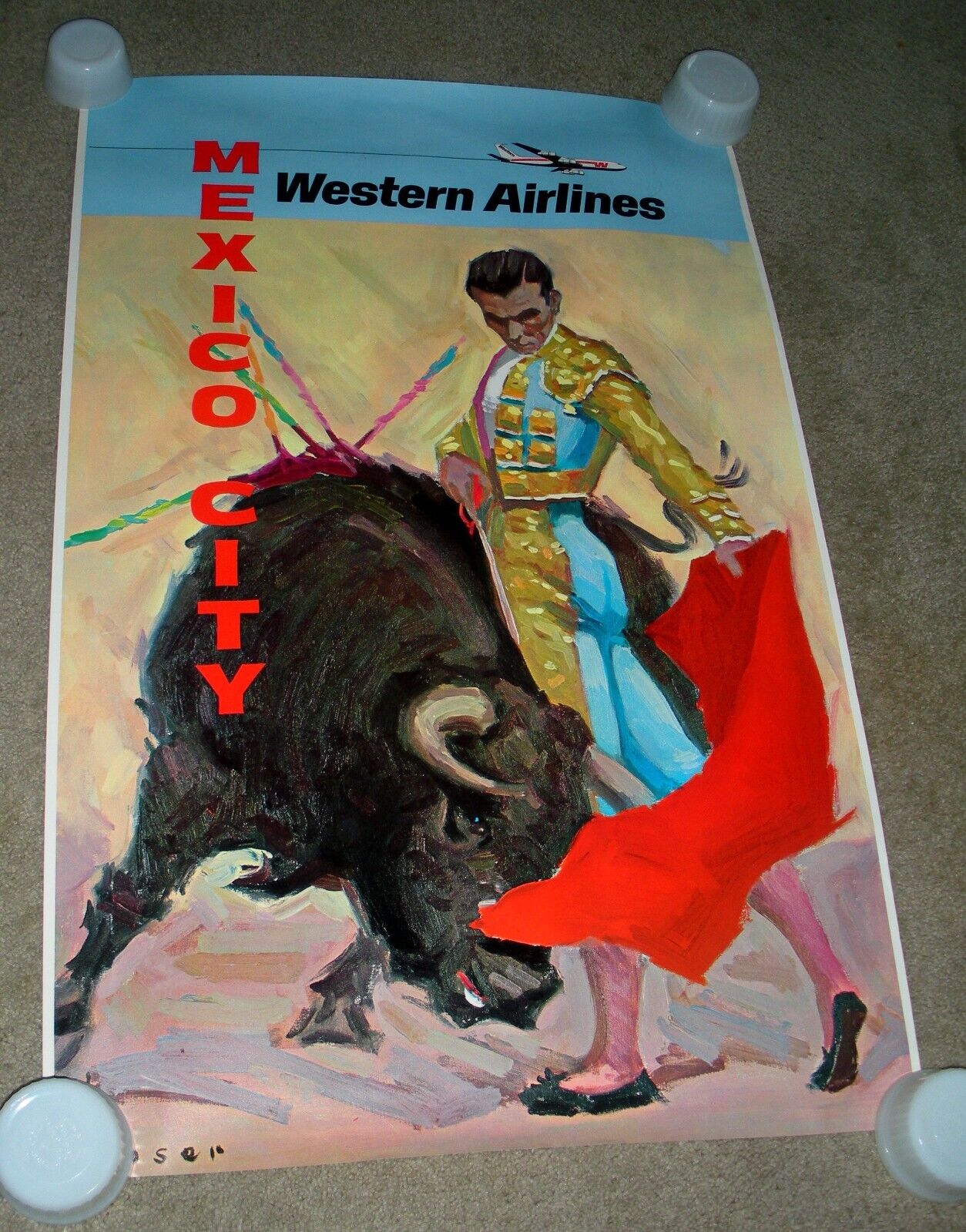 Authentic 1960's Western Airlines Mexico City Tuser Bullfighter Poster #2 EUC