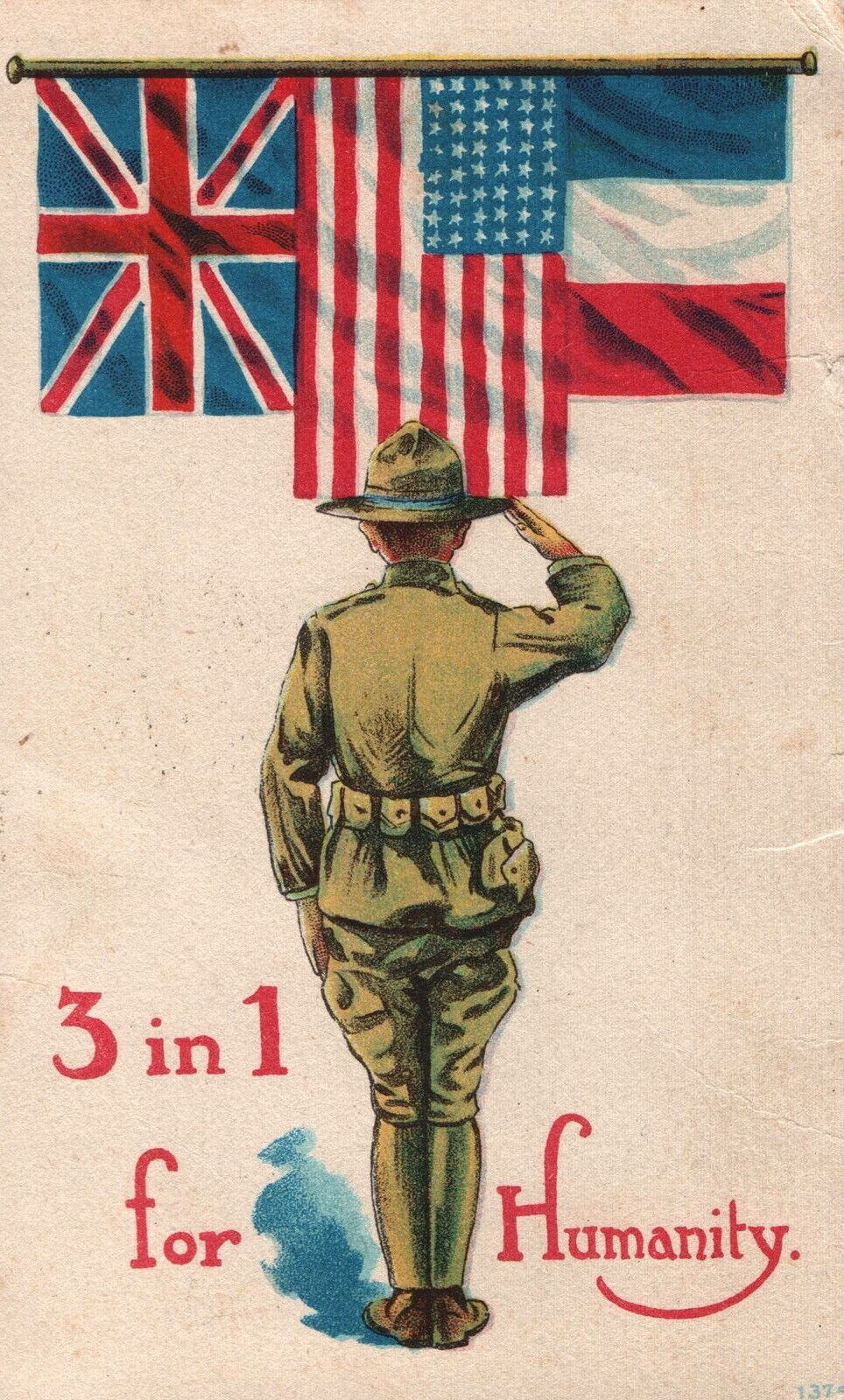 VINTAGE POSTCARD PATRIOTIC WORLD WAR I U.S. SOLDIER SALUTING ALLIED FLAGS 1918