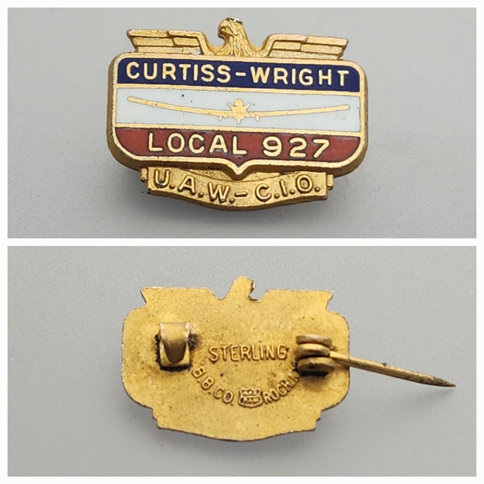 Curtiss-Wright Union Pin Local 927 Sterling Gold Vermeil Pin U.A.W. C.I.O RARE