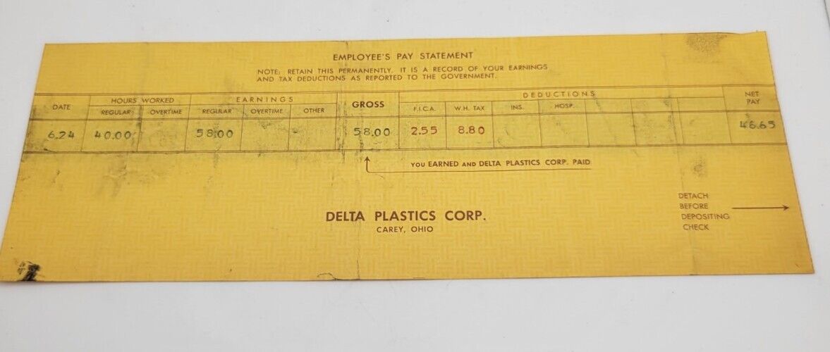 Vintage Paystub From DELTA Plastics Carey Ohio USA ( $ 1.45 Hourly Pay)