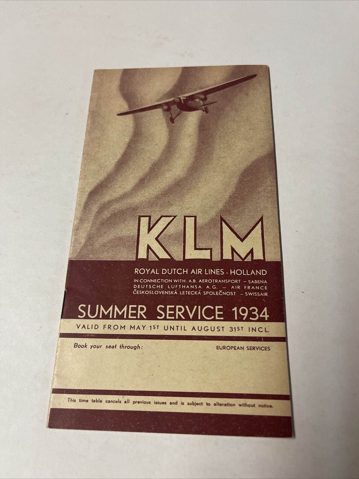 KLM Royal Dutch May 1934 AIRLINE TIMETABLE SCHEDULE Brochure flight Map
