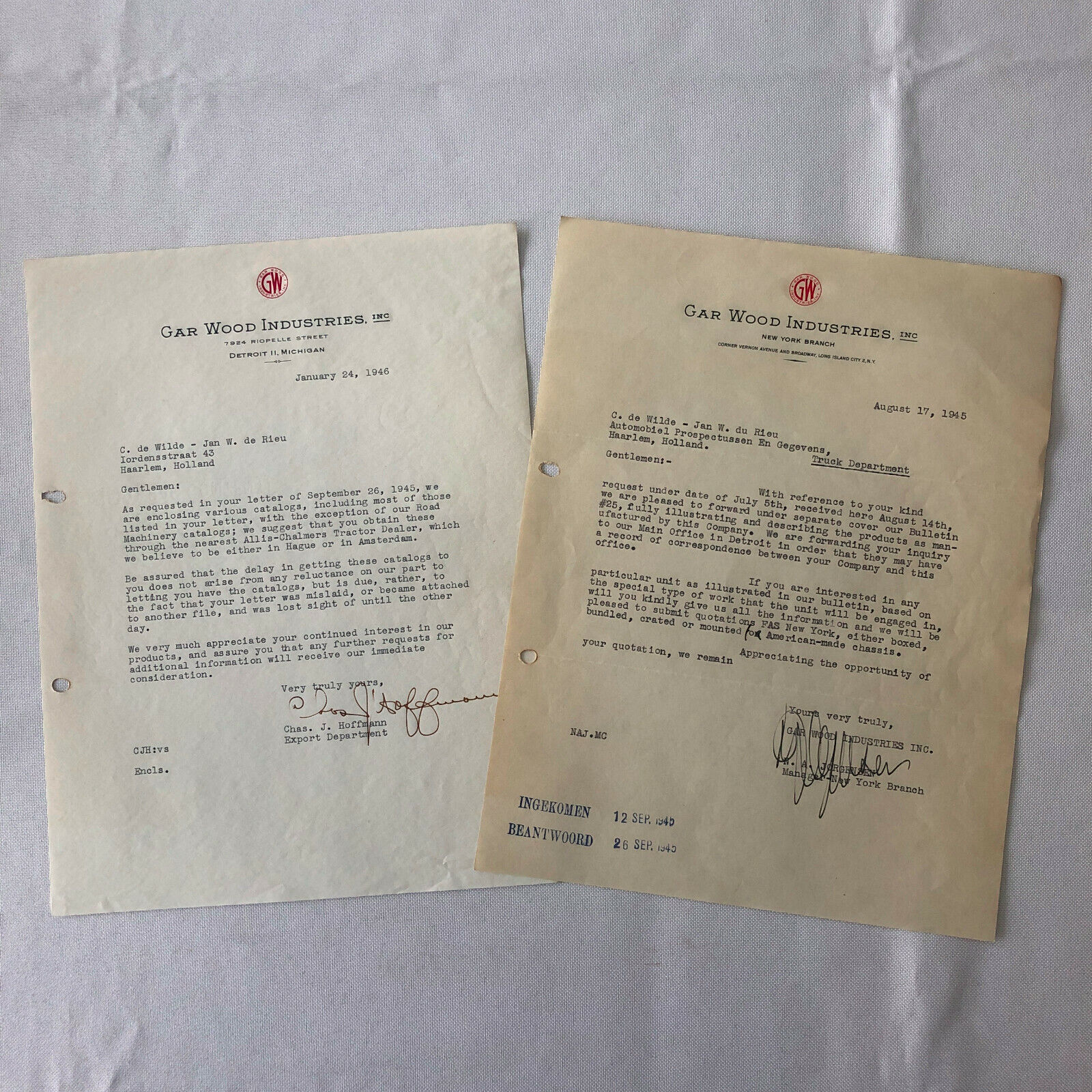 1945 - 1946 Gar Wood Industries Truck and Machinery Letter Letterhead Lot of 2