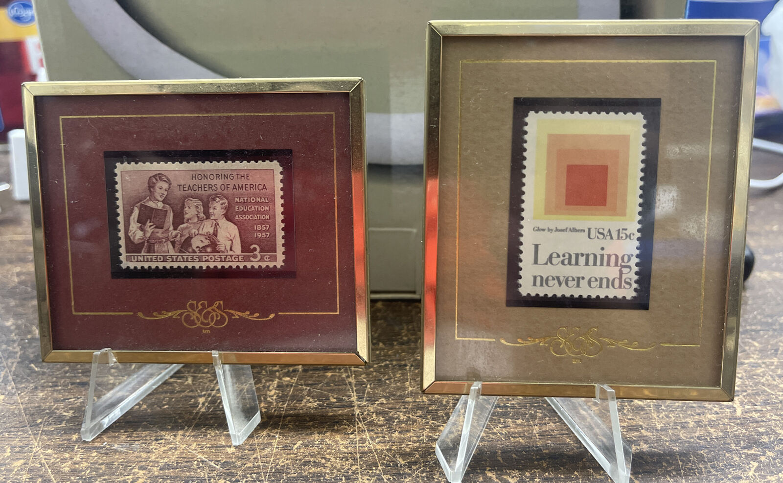 Honoring the Teachers of America/ Learning Never Ends Stamps W/ Brass Frame