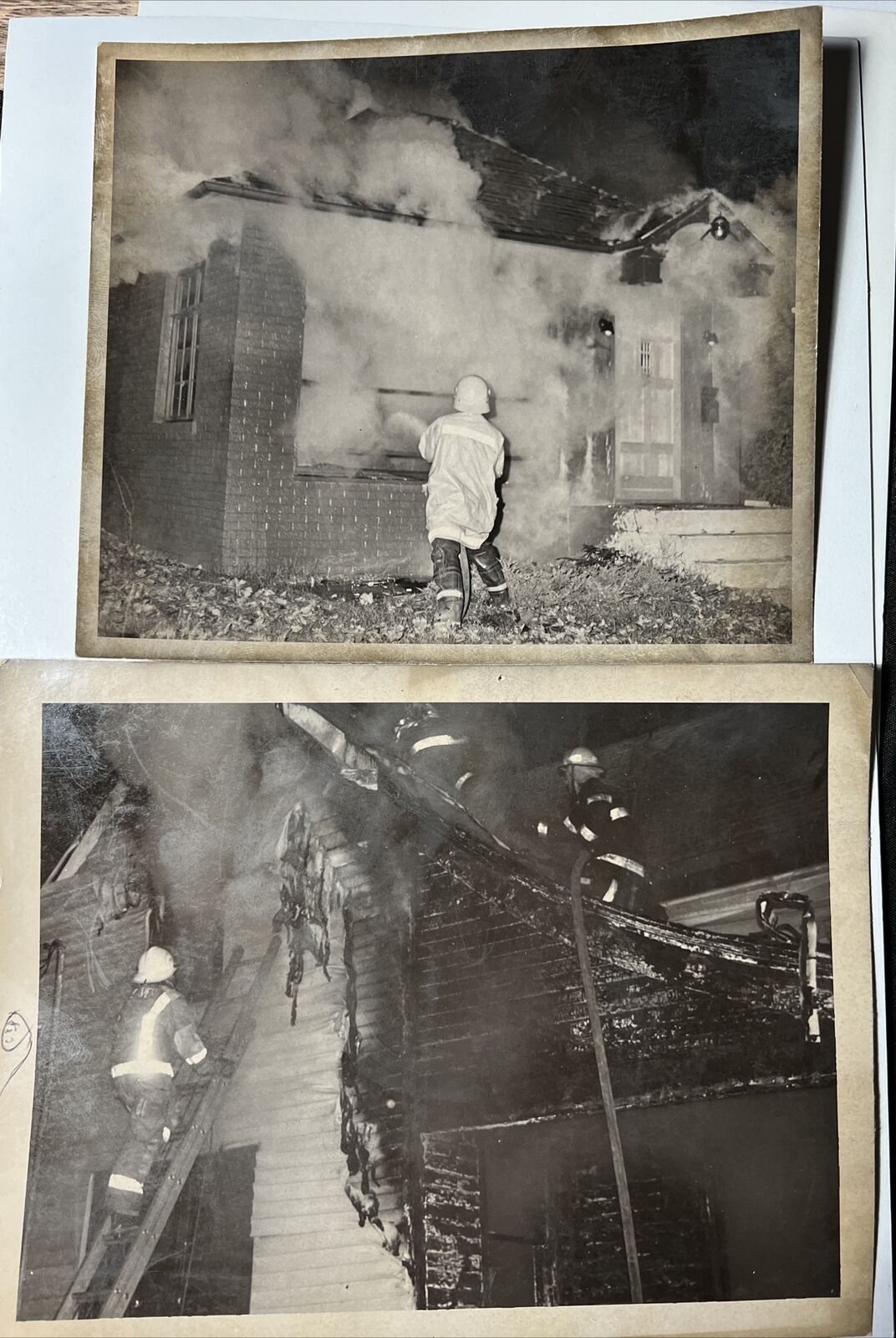 Lot of 2 lg vintage 1950s FIREFIGHTERS fireman Burning House Ladders Fire Photo
