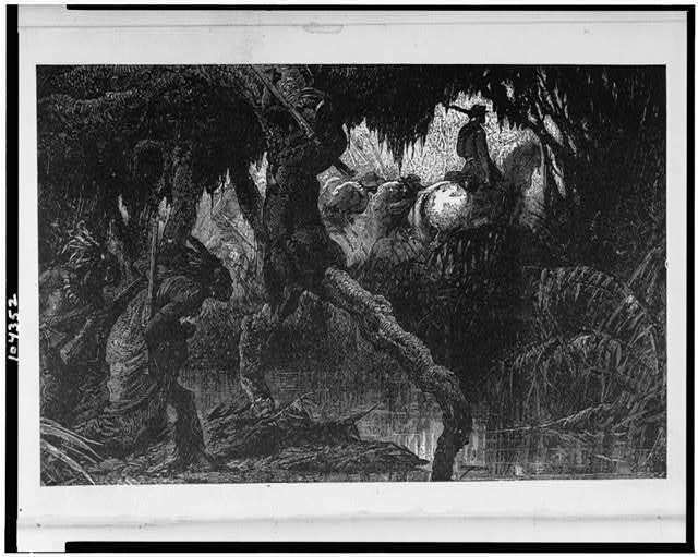 Indians stalking Spaniards,horses,swamp,Hernando de Soto,North America,1873