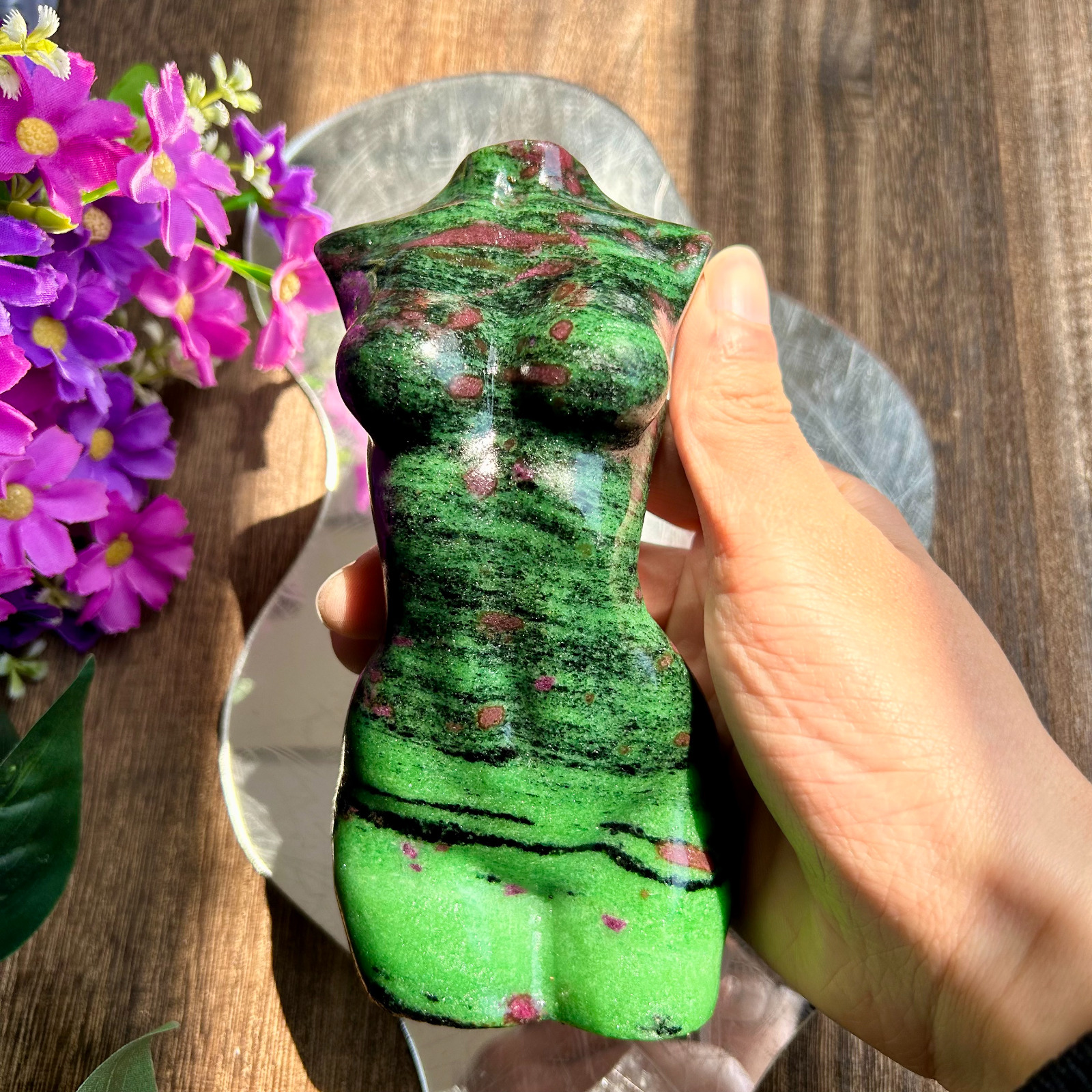 16cm Natural Ruby Zoisite Lady Body Crystal Carving Healing Stone Decor 1115g
