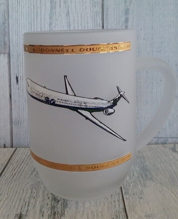 Vintage McDonnell Douglas MD-90 Frosted Glass Mug Gold Trim