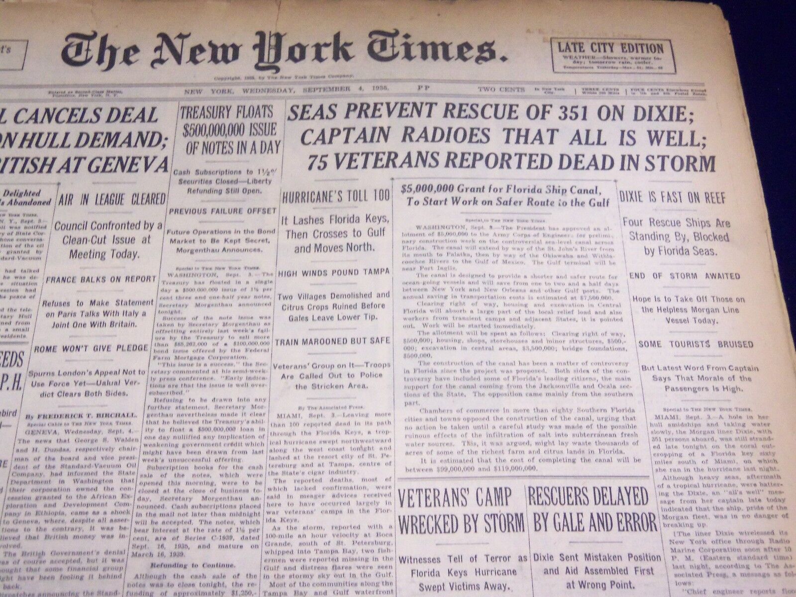 1935 SEPT 4 NEW YORK TIMES - SEAS PREVENT RESCUE OF 351 ON DIXIE - NT 1973