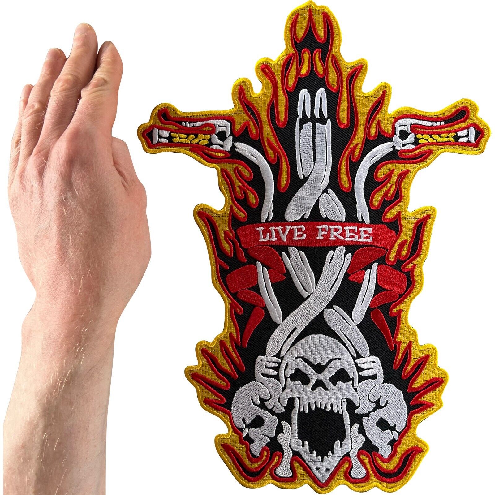 Big Large Live Free Patch Iron Sew On Skull Motorbike Flames Embroidered Badge