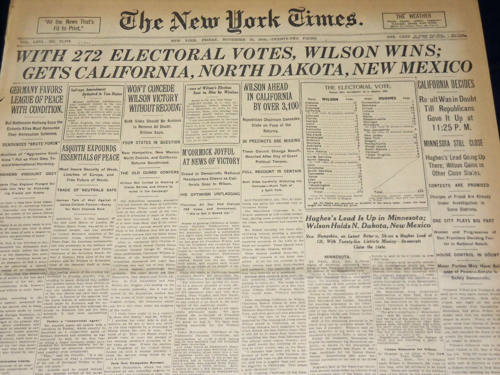 1916 NOVEMBER 10 NEW YORK TIMES - WITH 272 ELECTORAL VOTES WILSON WINS - NT 7689
