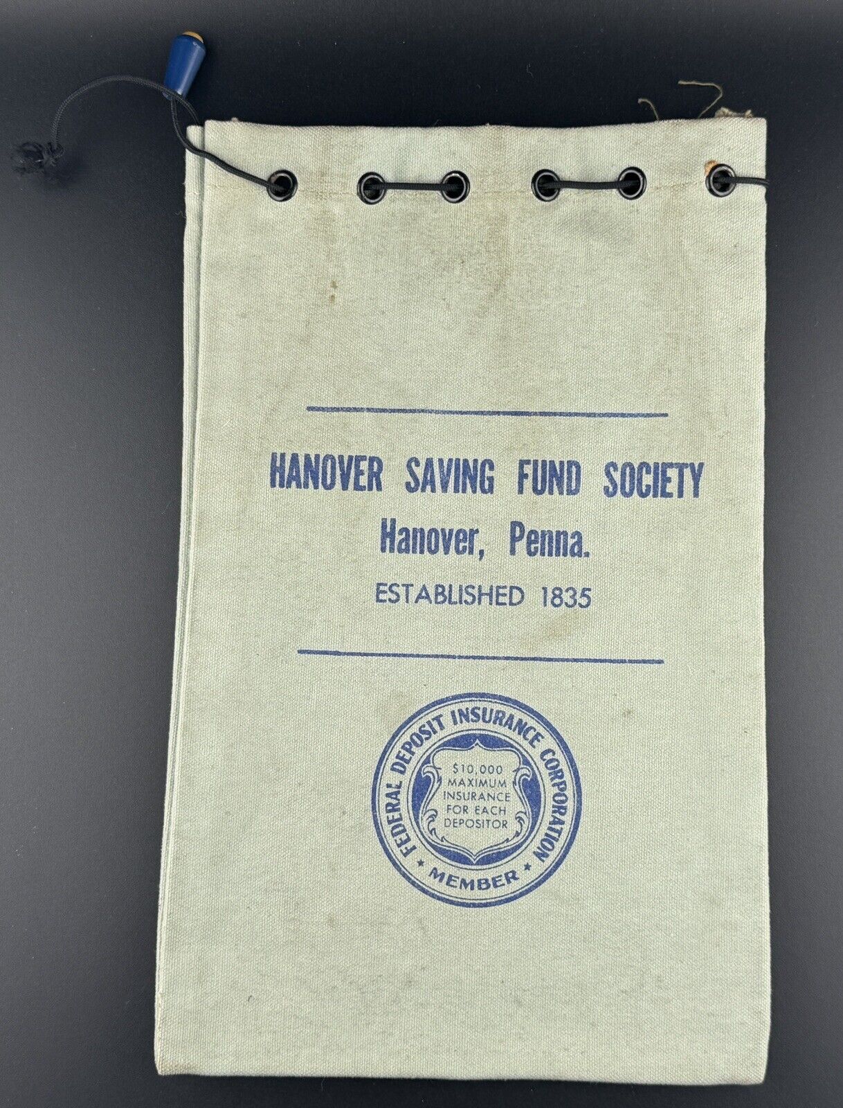 Vintage Canvas Bank Bag ‘Hanover Saving Fund Society’ Hanover, PA 10”x6” AS IS