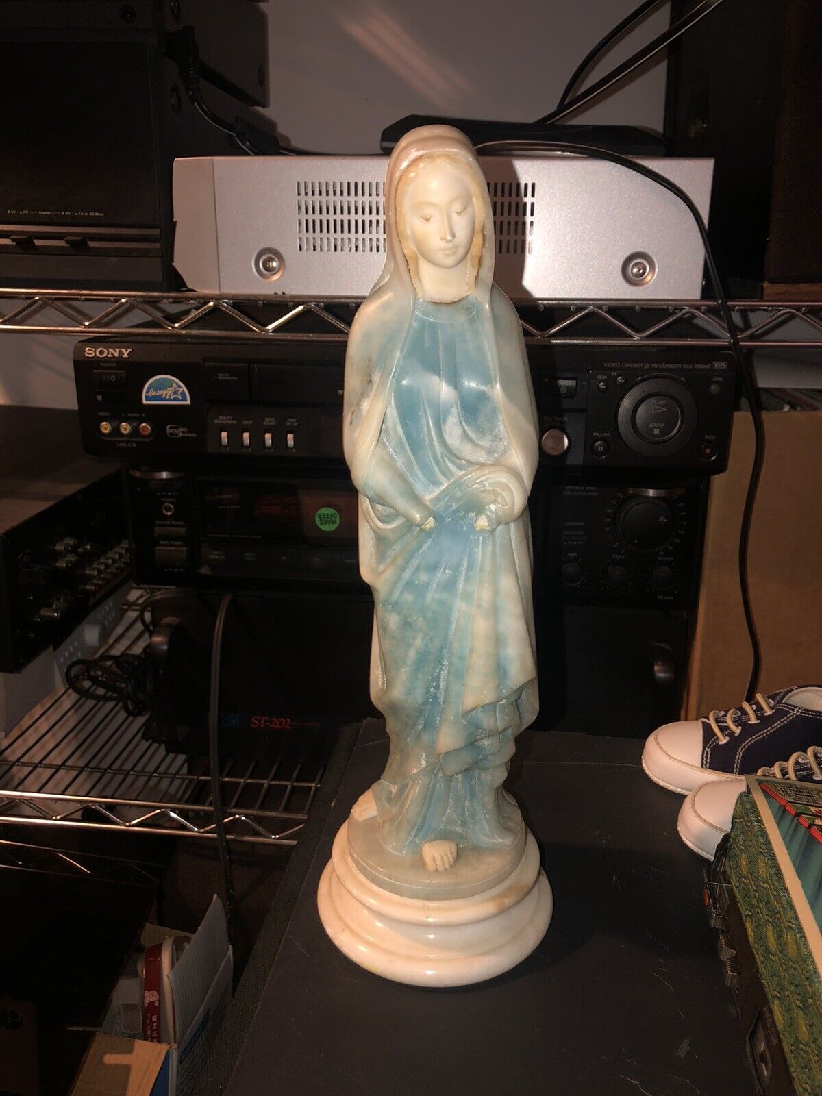 Vintage Holy Mary Statue Italy Marble Base Blue Back 13” No Hands Christian