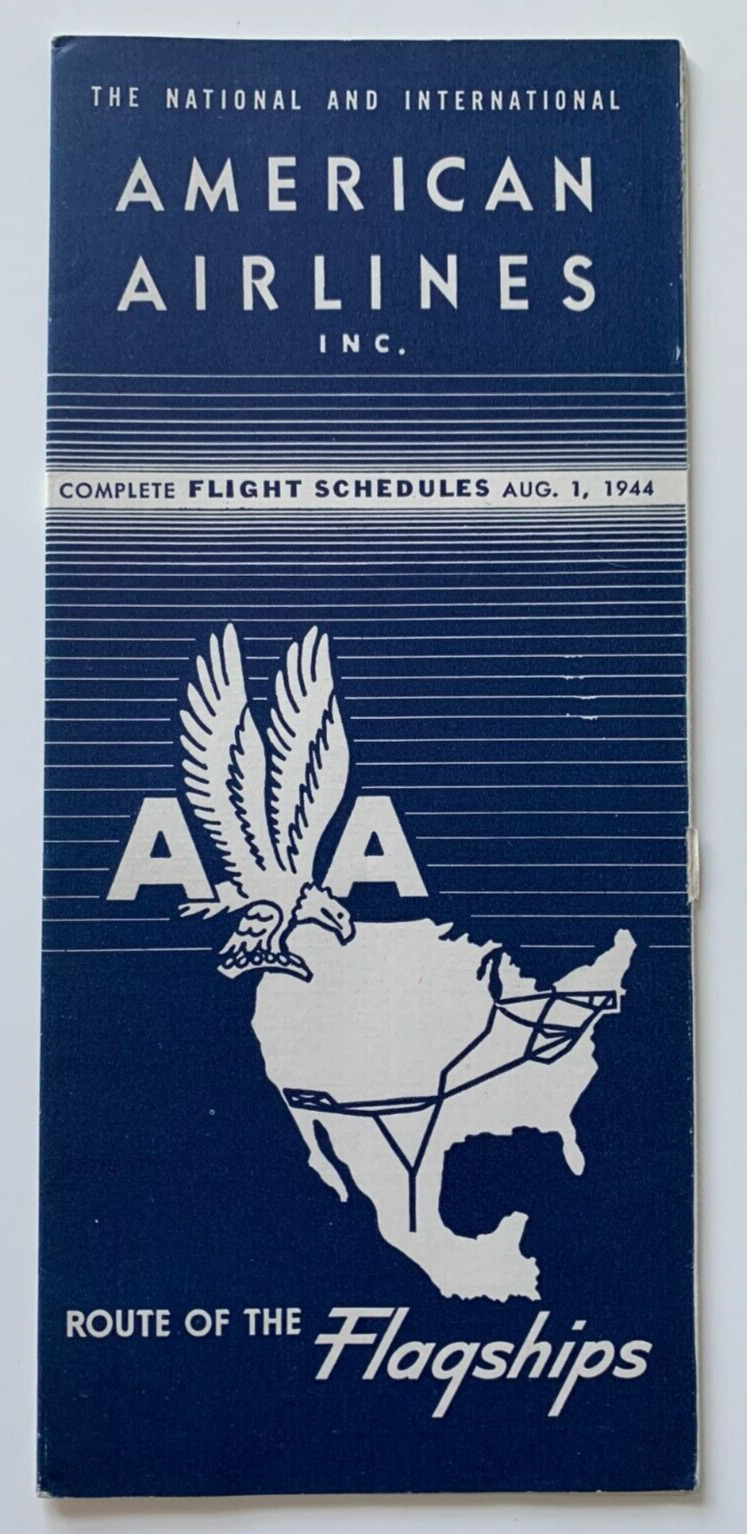 Vintage Aug 1944 American Airlines Timetable Brochure illustrated map routes