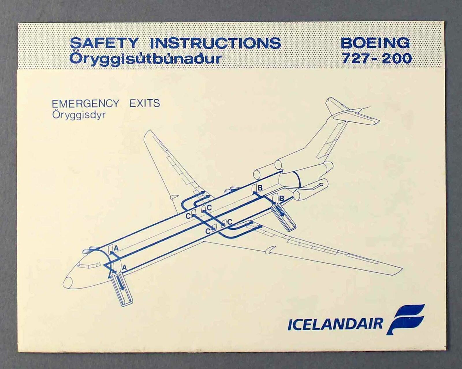 ICELANDAIR BOEING 727-200 VINTAGE AIRLINE SAFETY CARD ICELAND FI