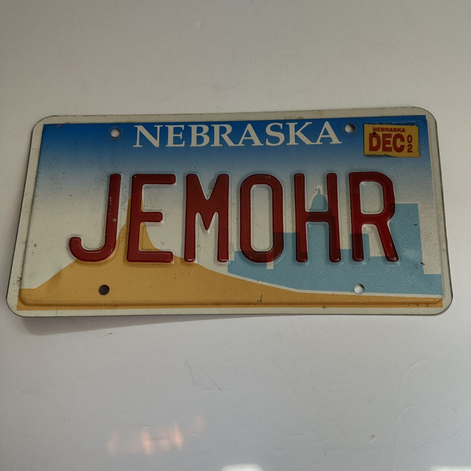 Vintage Vanity License Plate Nebraska Personalized JEMOHR red blue 2002