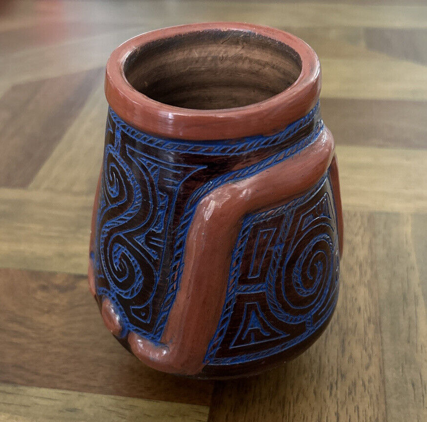 Vintage Terra Cotta 6” Vase Brazilian Art Hand-Painted Clay Pottery Blue
