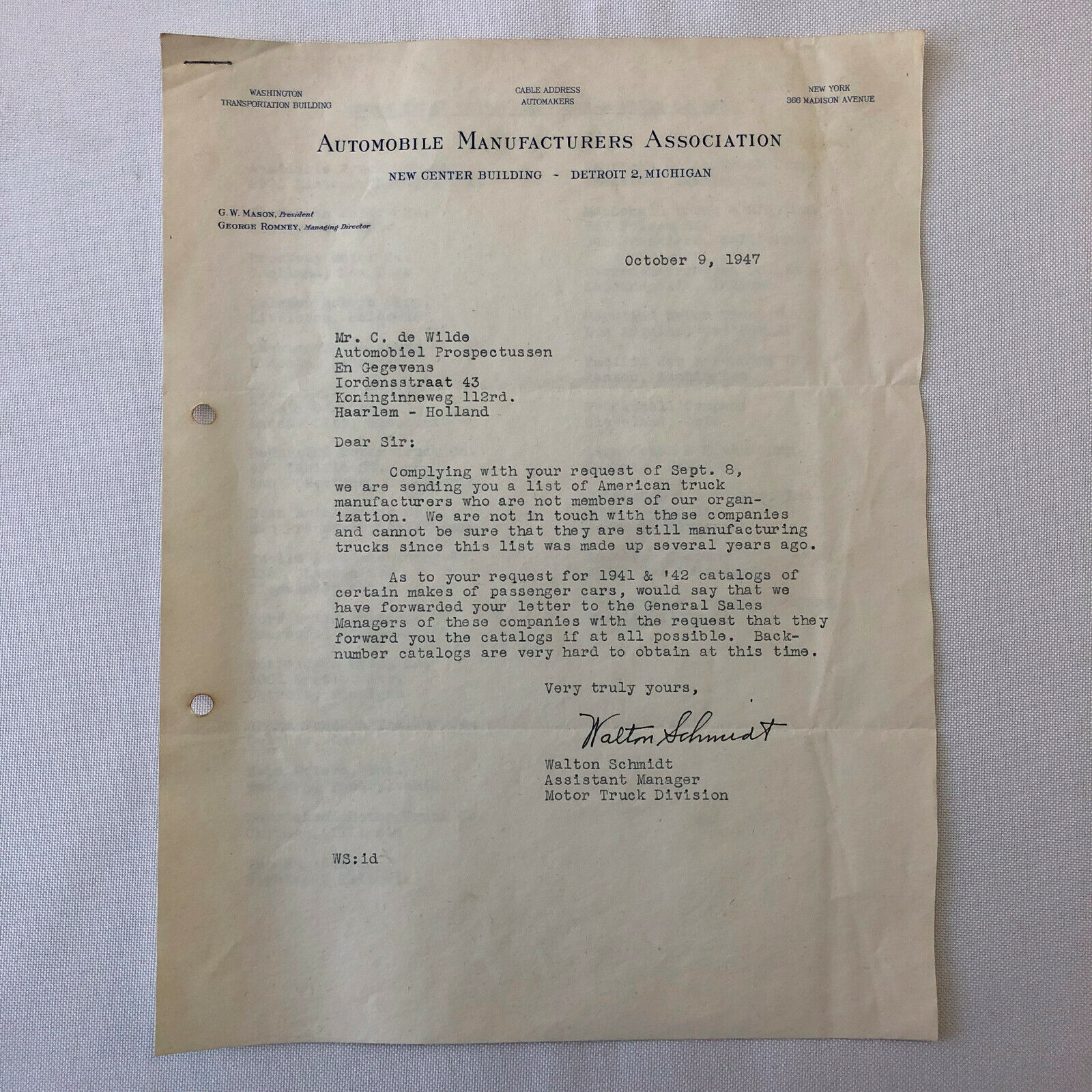 1947 Automobile Manufacturer\'s Association Letter Letterhead Truck Makers 