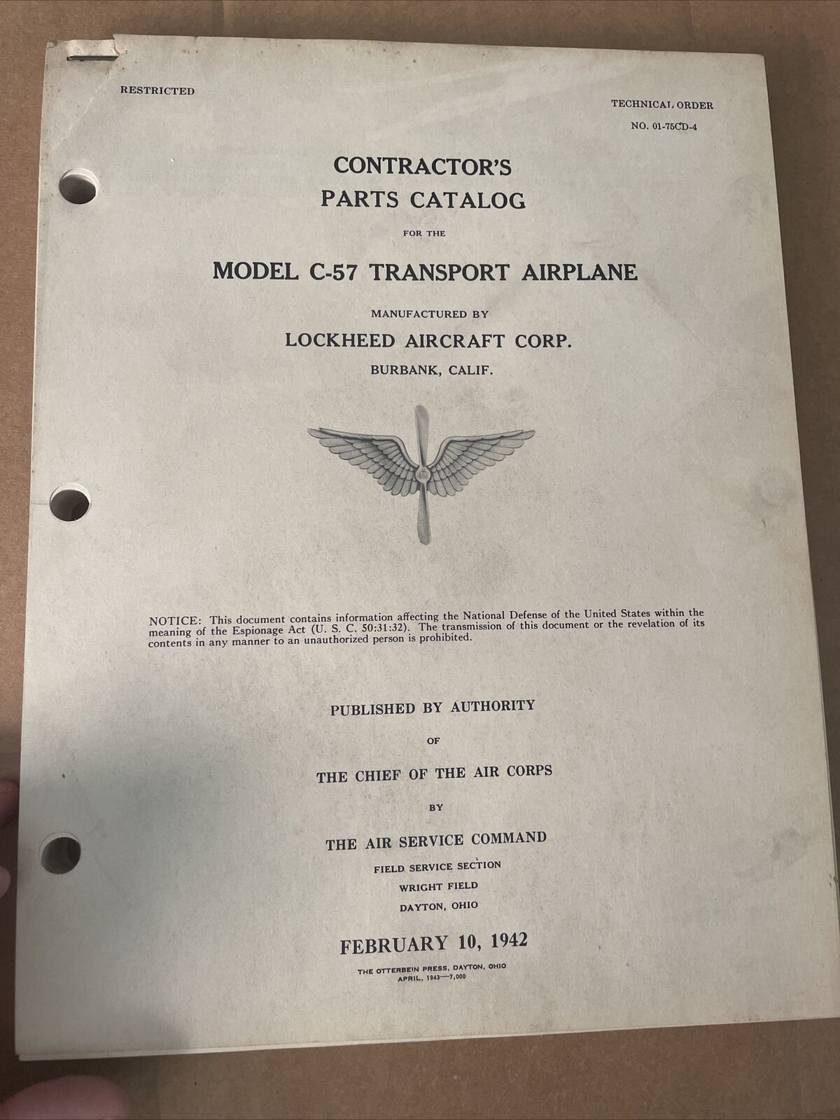 Technical Orders Contractors Parts Catalog Model C-57 Transport Airplane