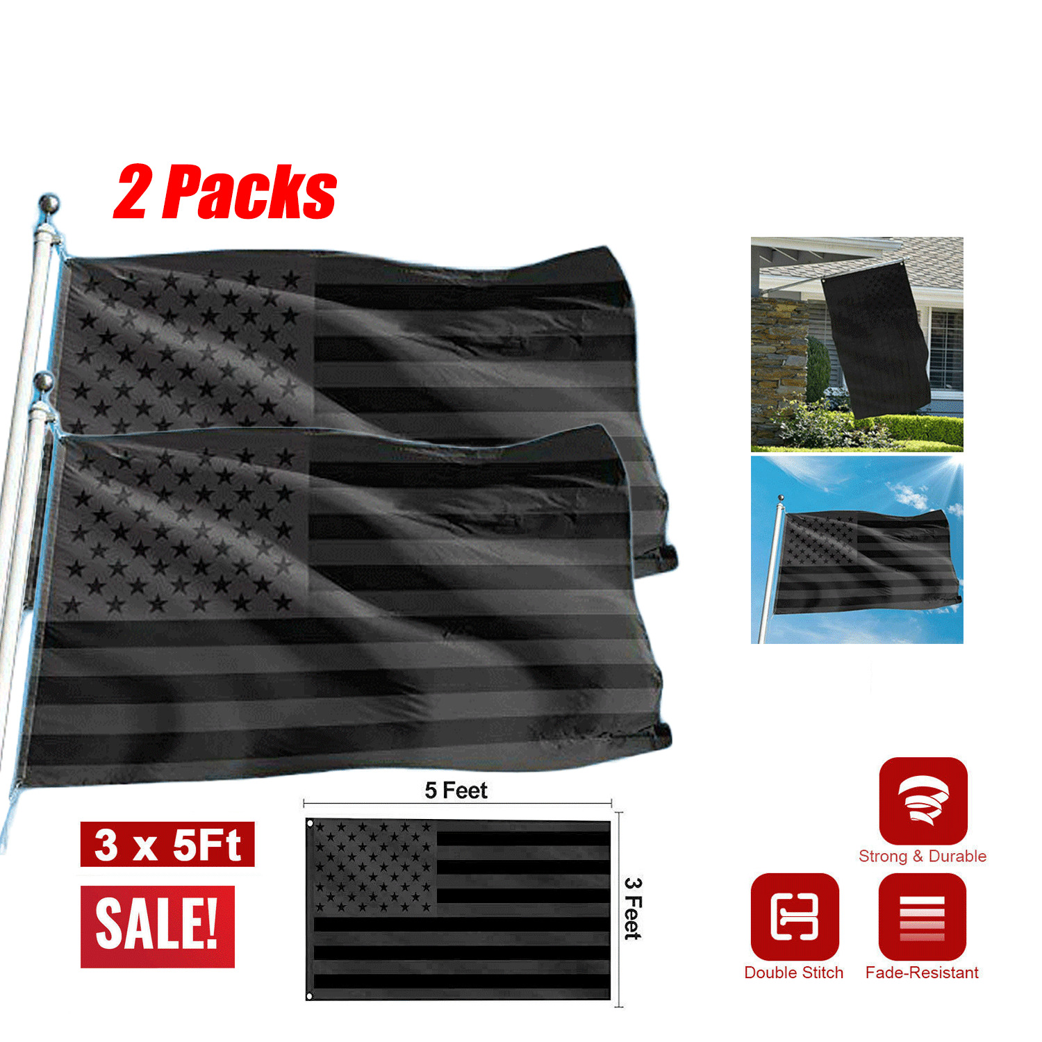2PACK 3x5FT All Black American Flag US Black Flag Tactical Decor Blackout USA