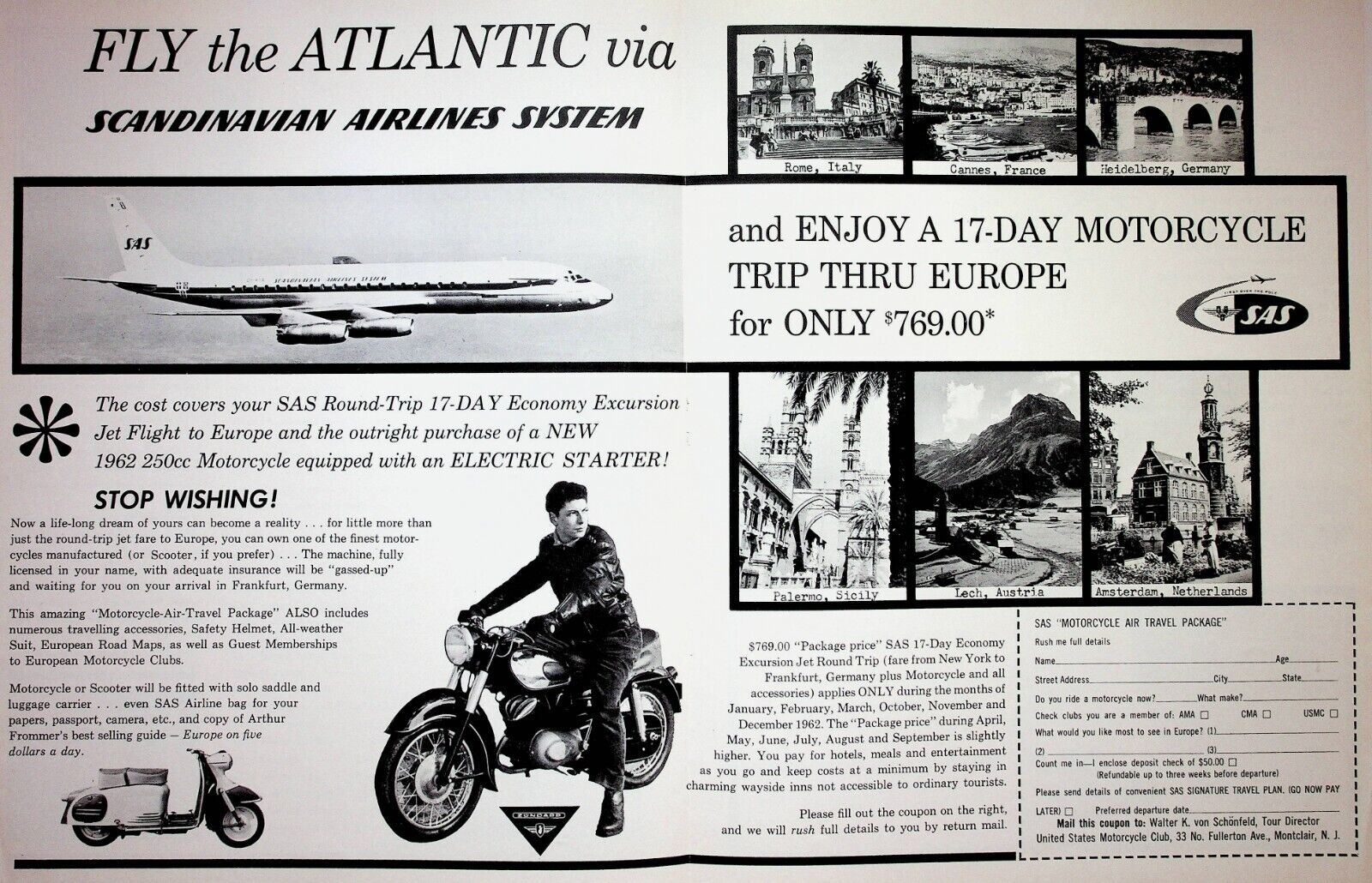 1962 Scandinavian Airlines Motorcycle Tour Europe Map - 4-Page Vintage Ad