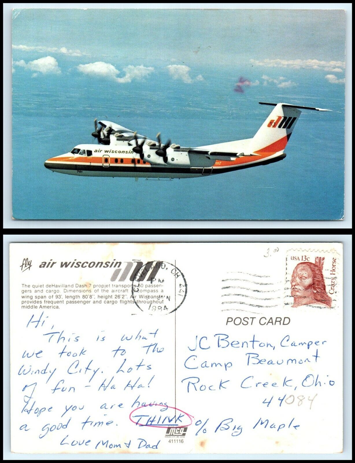 WISCONSIN Postcard - Air Wisconsin Plane / Airplane, deHavilland Dash 7 G16