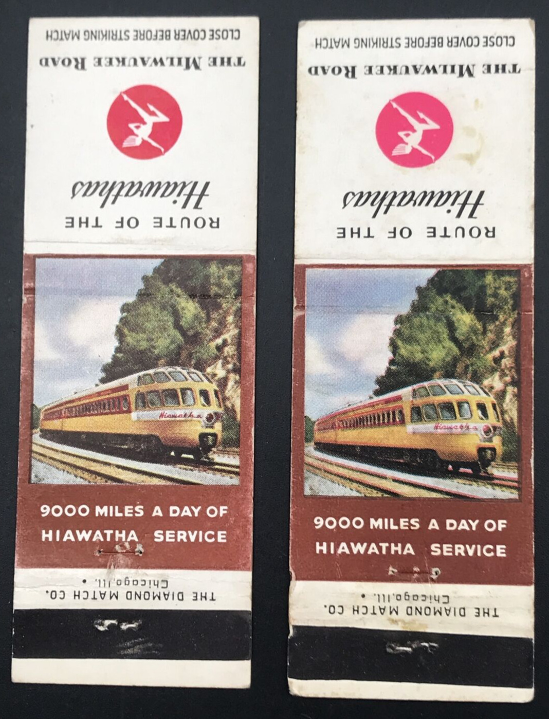 2 VTG Hiawatha CMStP&P Milwaukee Road 9000 Miles A Day Railroad Matchbook Covers