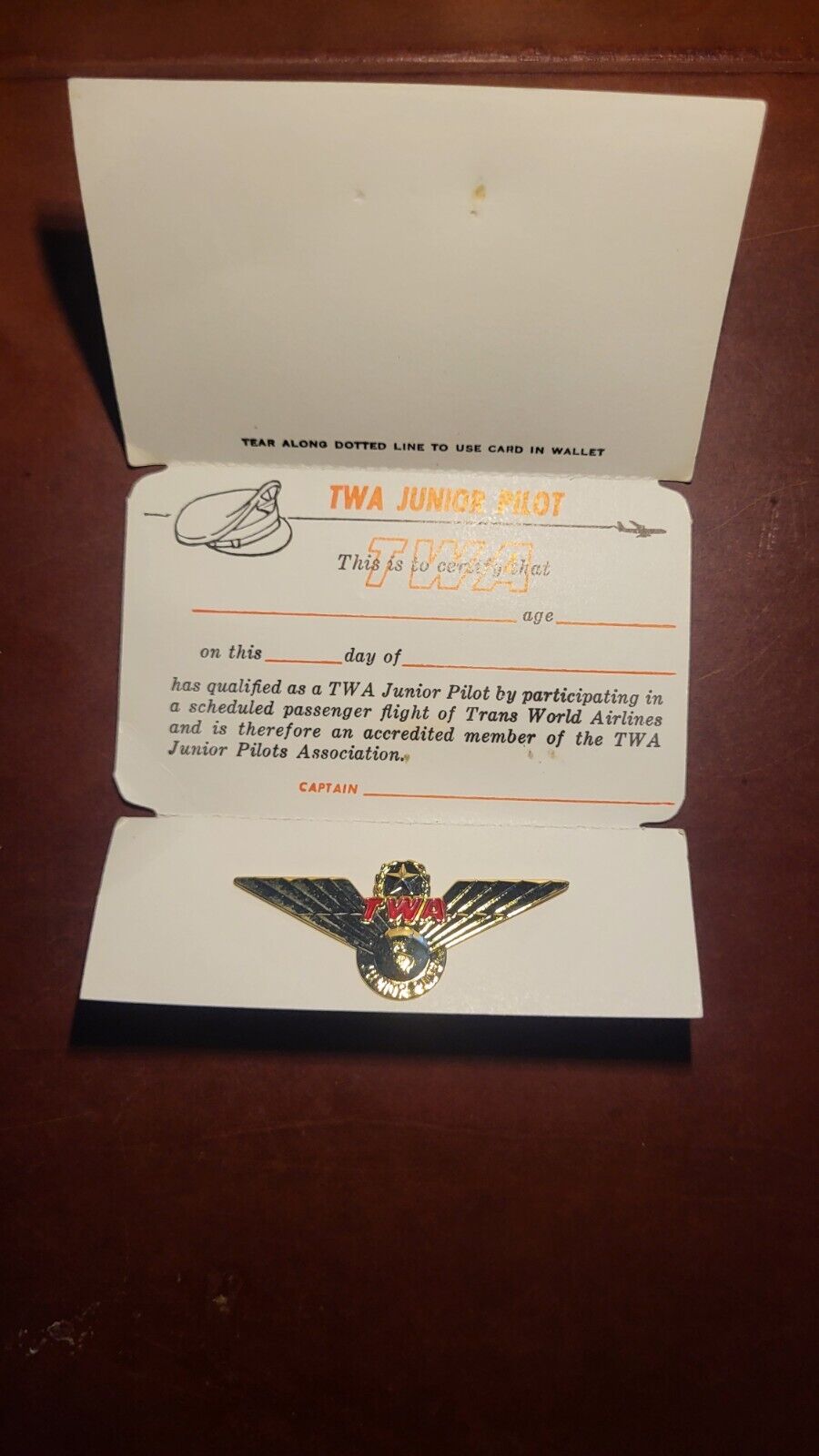 TWA Junior Pilot Pin - Original Card - New - Never Used - Vintage Item