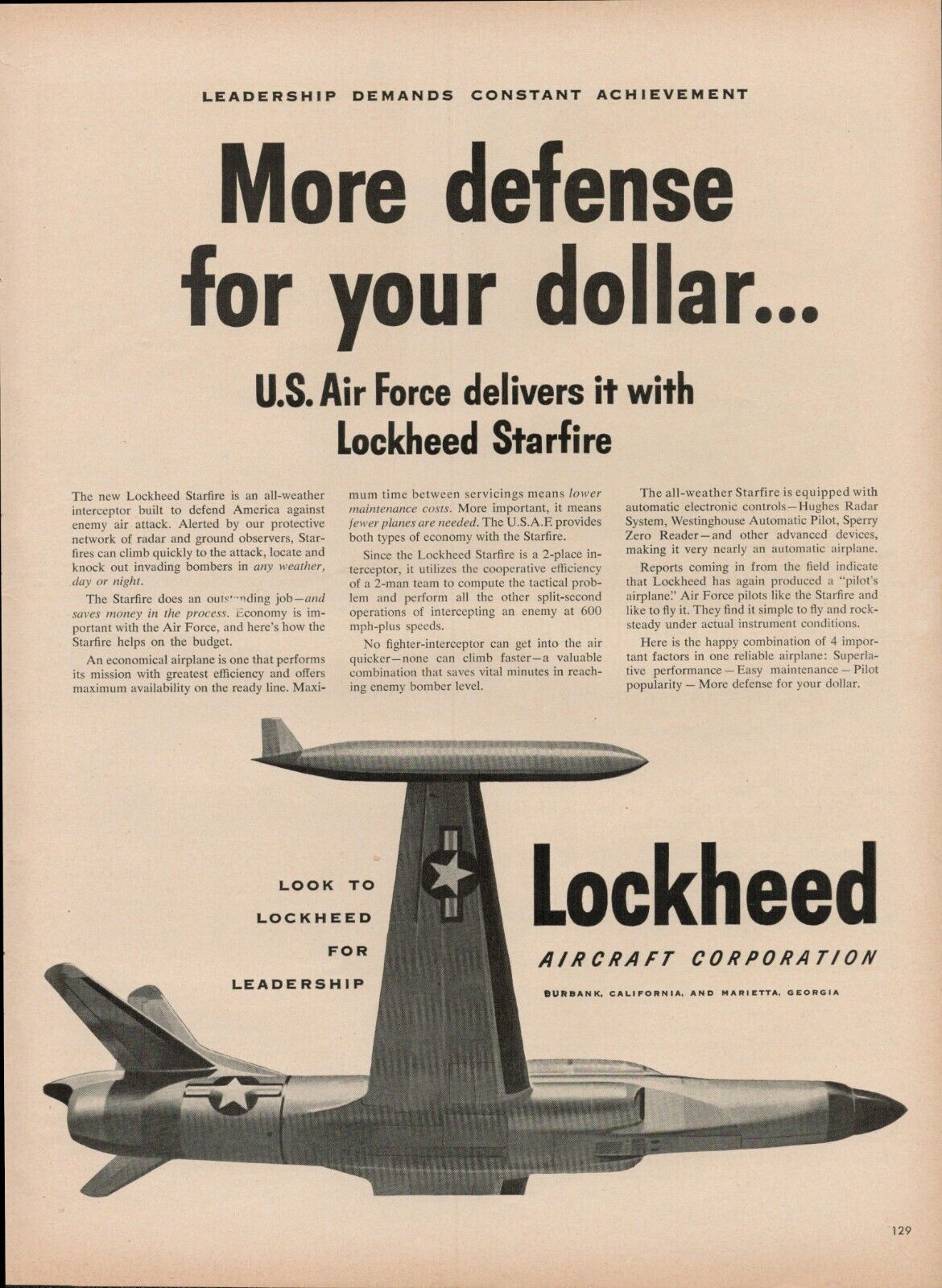 1953 Lockheed Aircraft Corporation Vintage Print Ad Airforce Starfire Plane USA