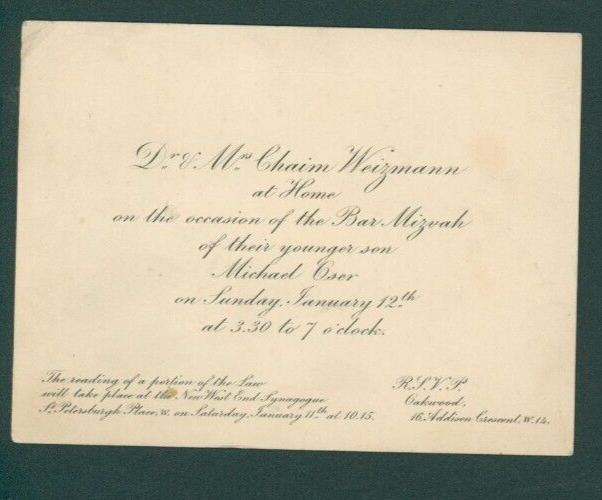 Vintage Invitation by zionist Chaim Weitzman for the Bar Mitzvah of his son 1929
