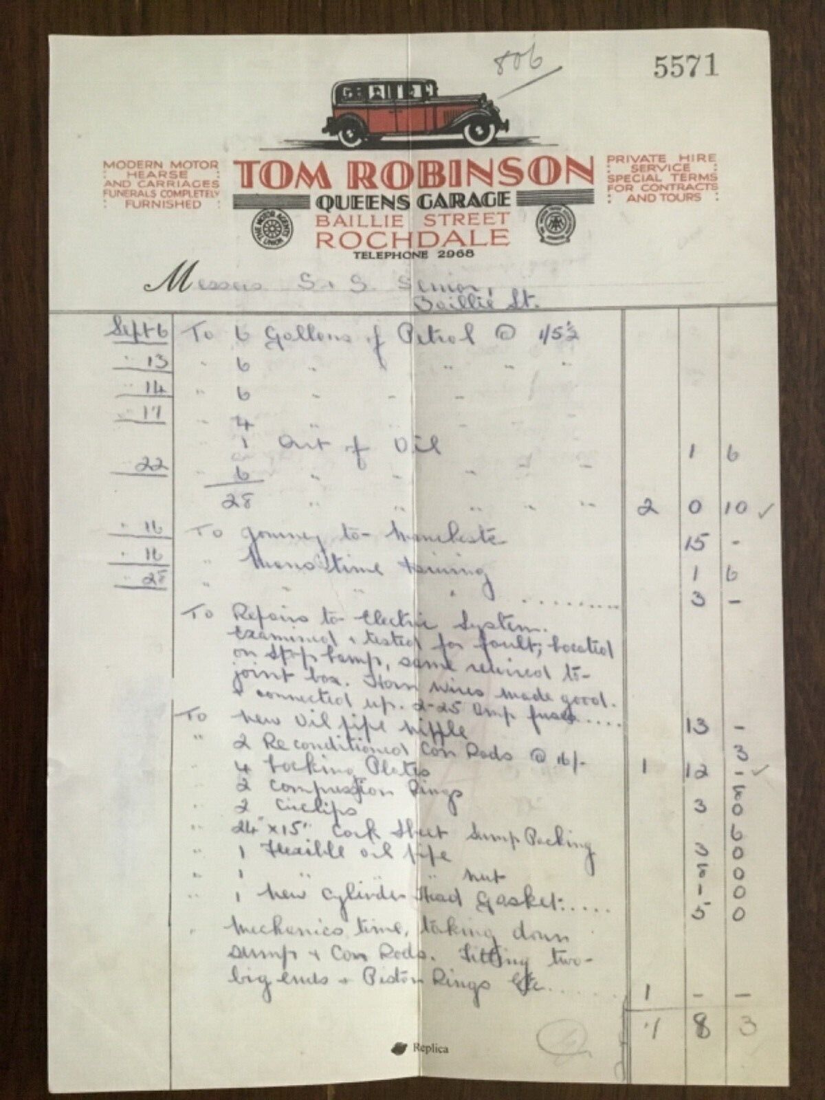 OLD STYLE CAR REPAIR INVOICE ***(((Reproduction of the original)))***