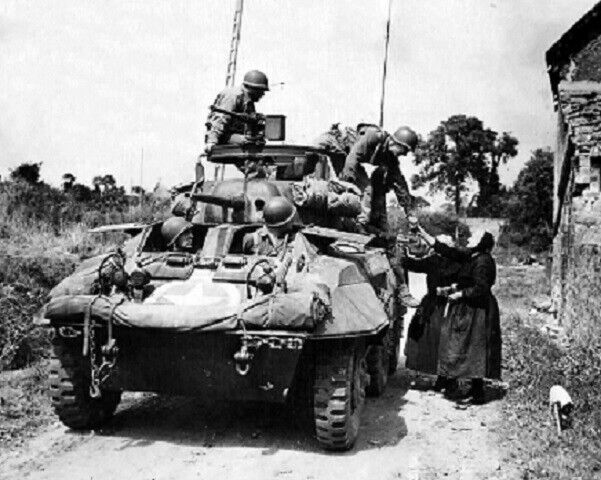 US Troops M8 Greyhound stopped to help hungry women, Normandy 8x10 Photo 392a