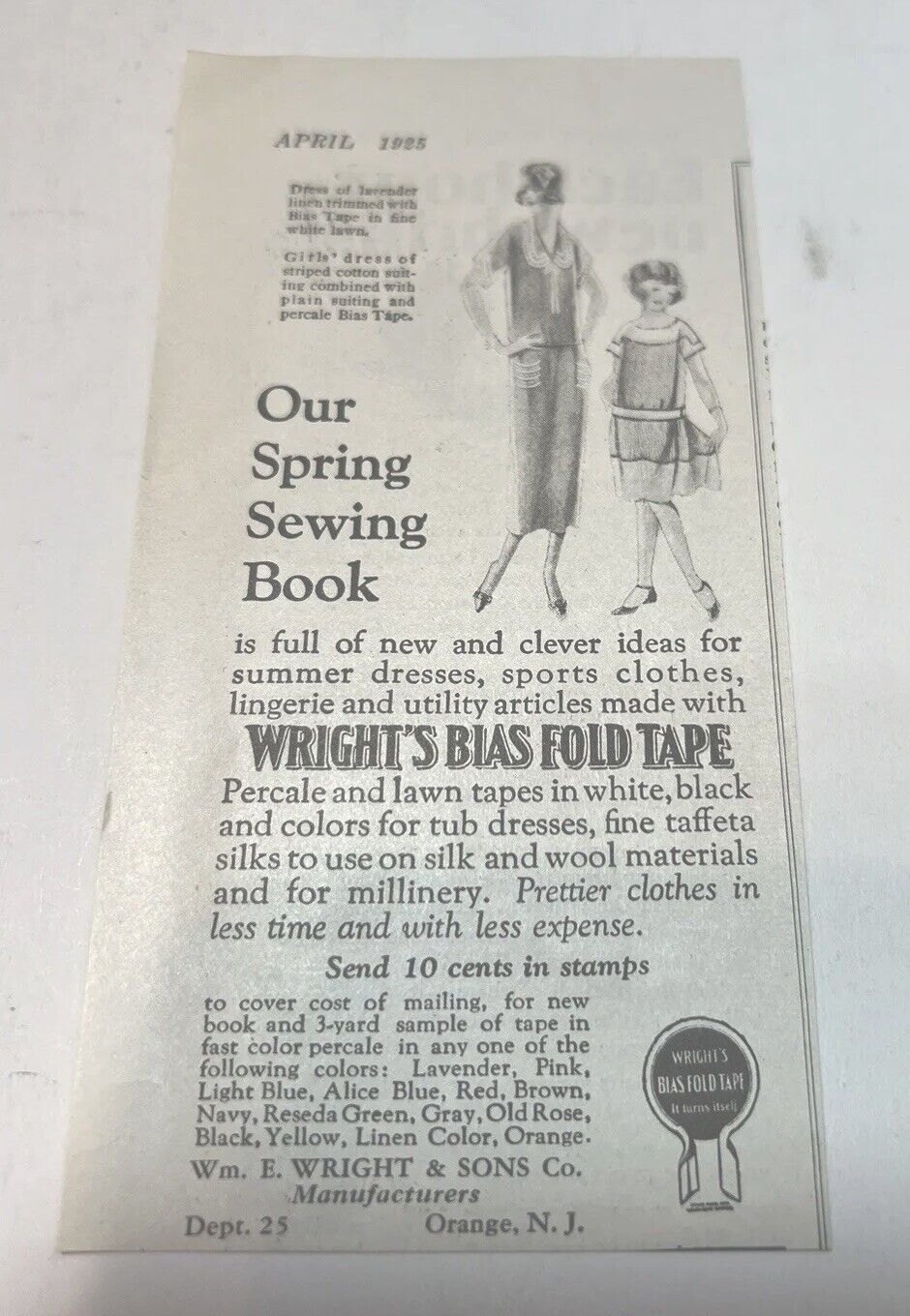1925 Wright\'s Bias Fold Sewing Tape Vintage Print Ad Lady & Girl Spring Catalog