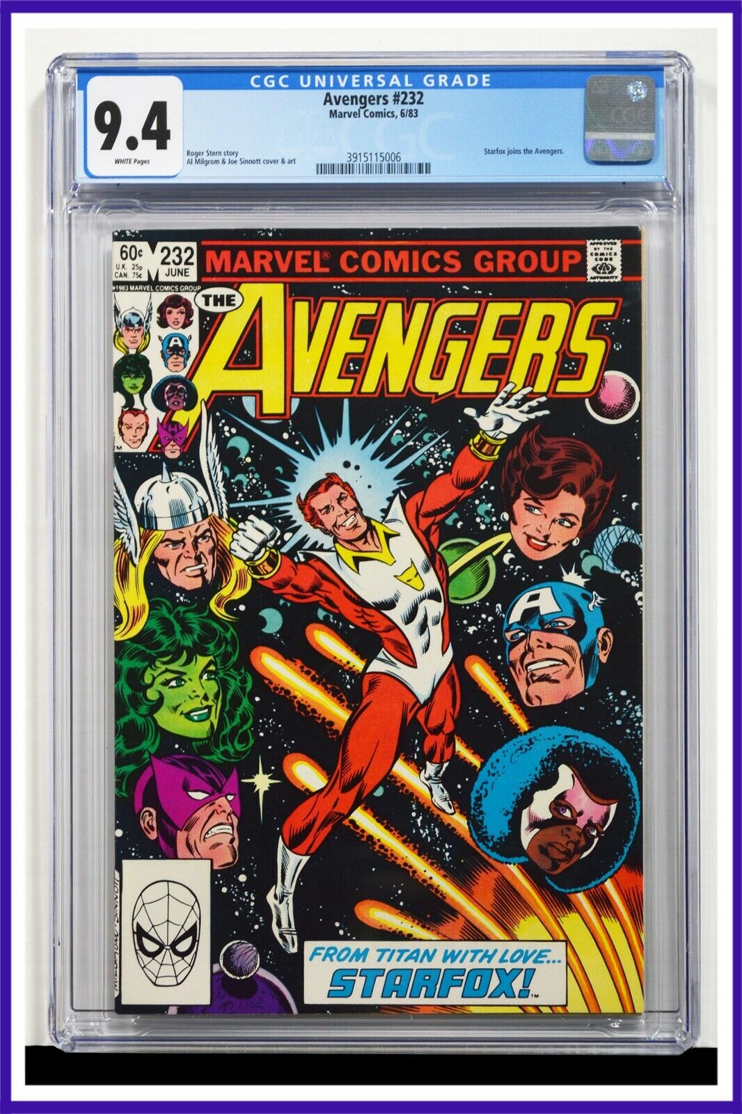 Avengers #232 CGC Graded 9.4 Marvel June 1983 White Pages Comic Book.