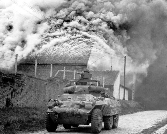 M8 Greyhound Armored Car in Action Belgium Sept 1944, 8x10 WWII WW2 Photo 736a