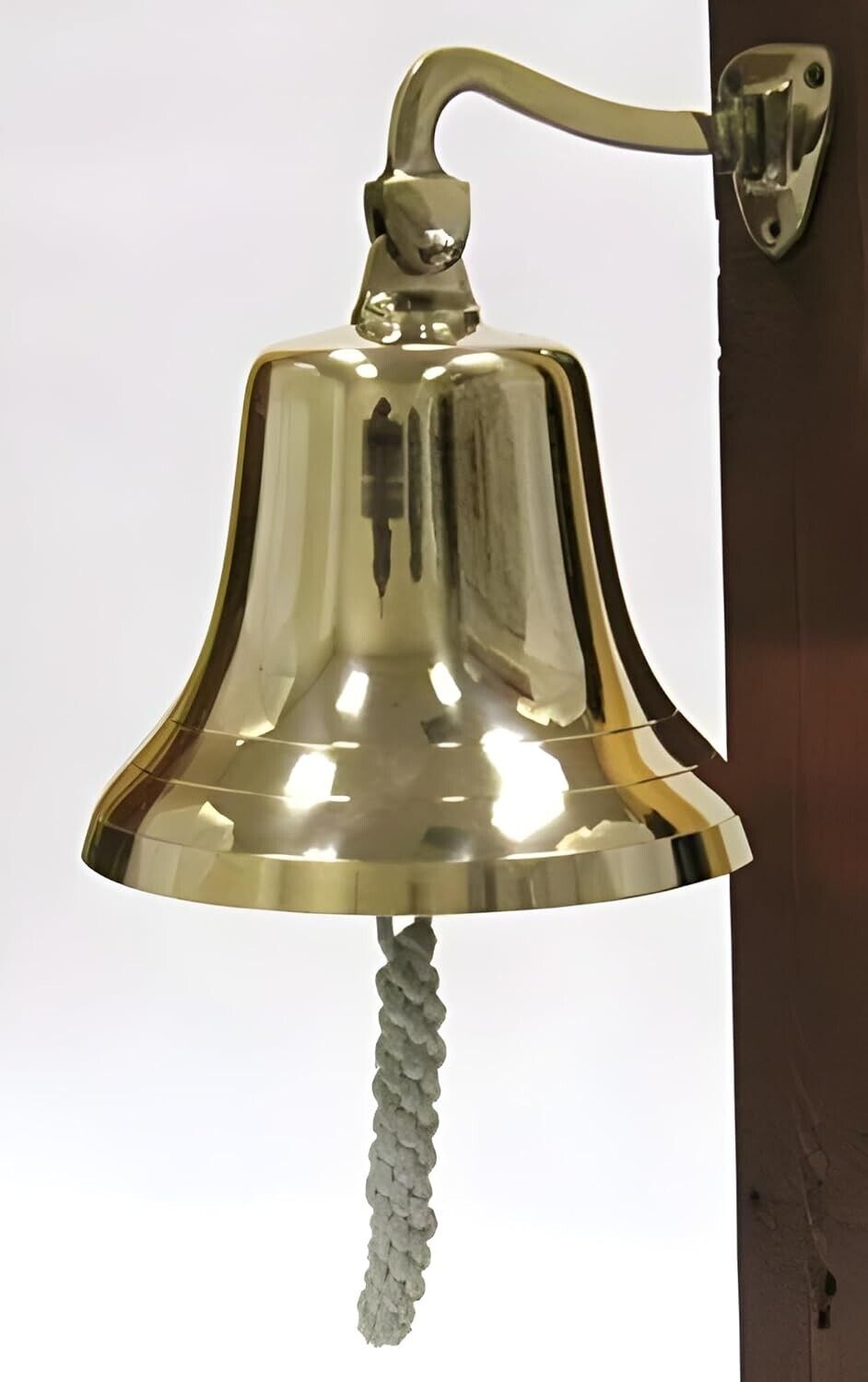 Enormous Wall Hanging Polished Brass Ship Bell w/ Rope Mounting Hardware Bracket