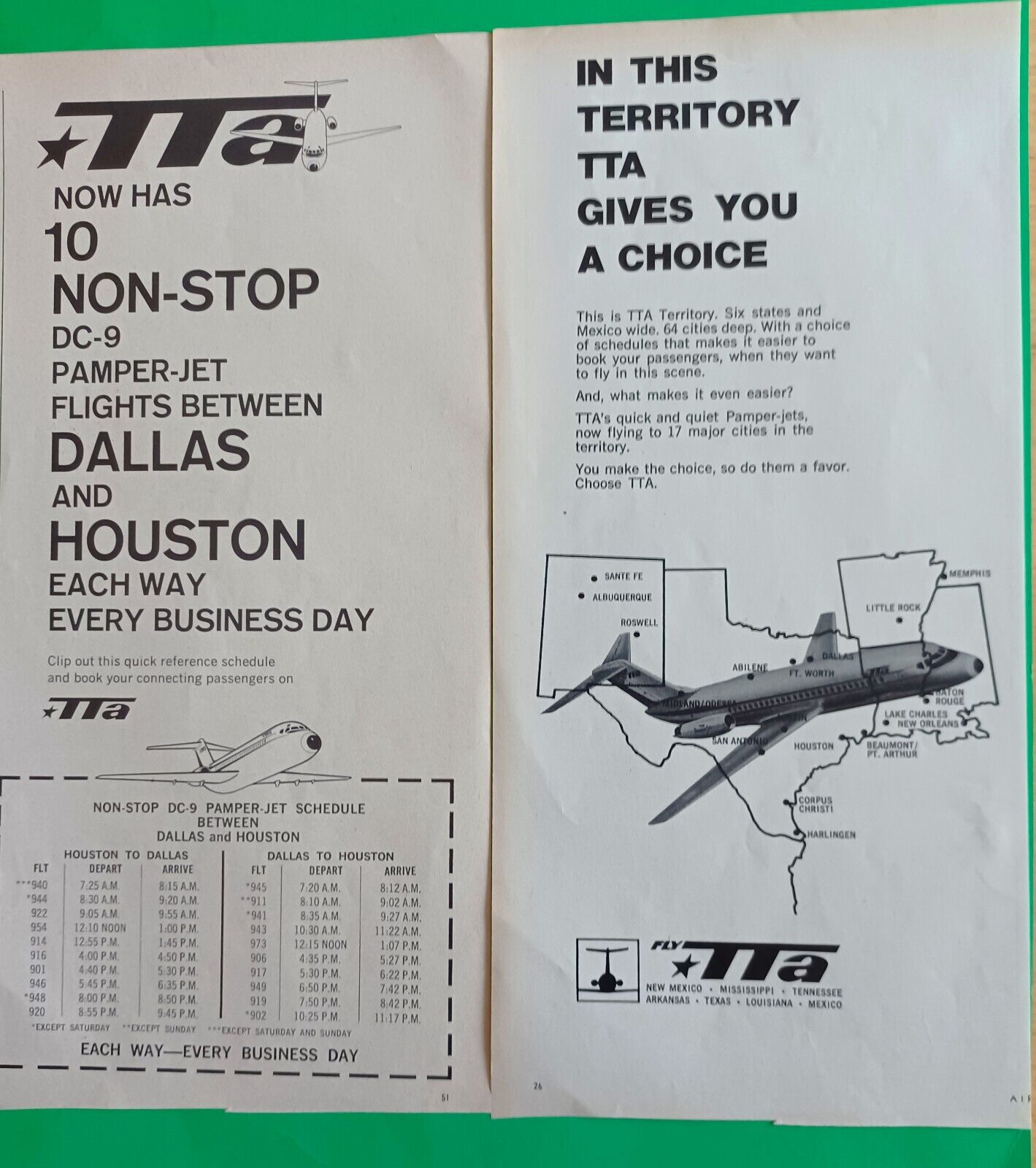 TTA TRANS TEXAS AIRLINES Ads 1968 DC-9 Fares & Route Map,  Vintage 5 x 11 each