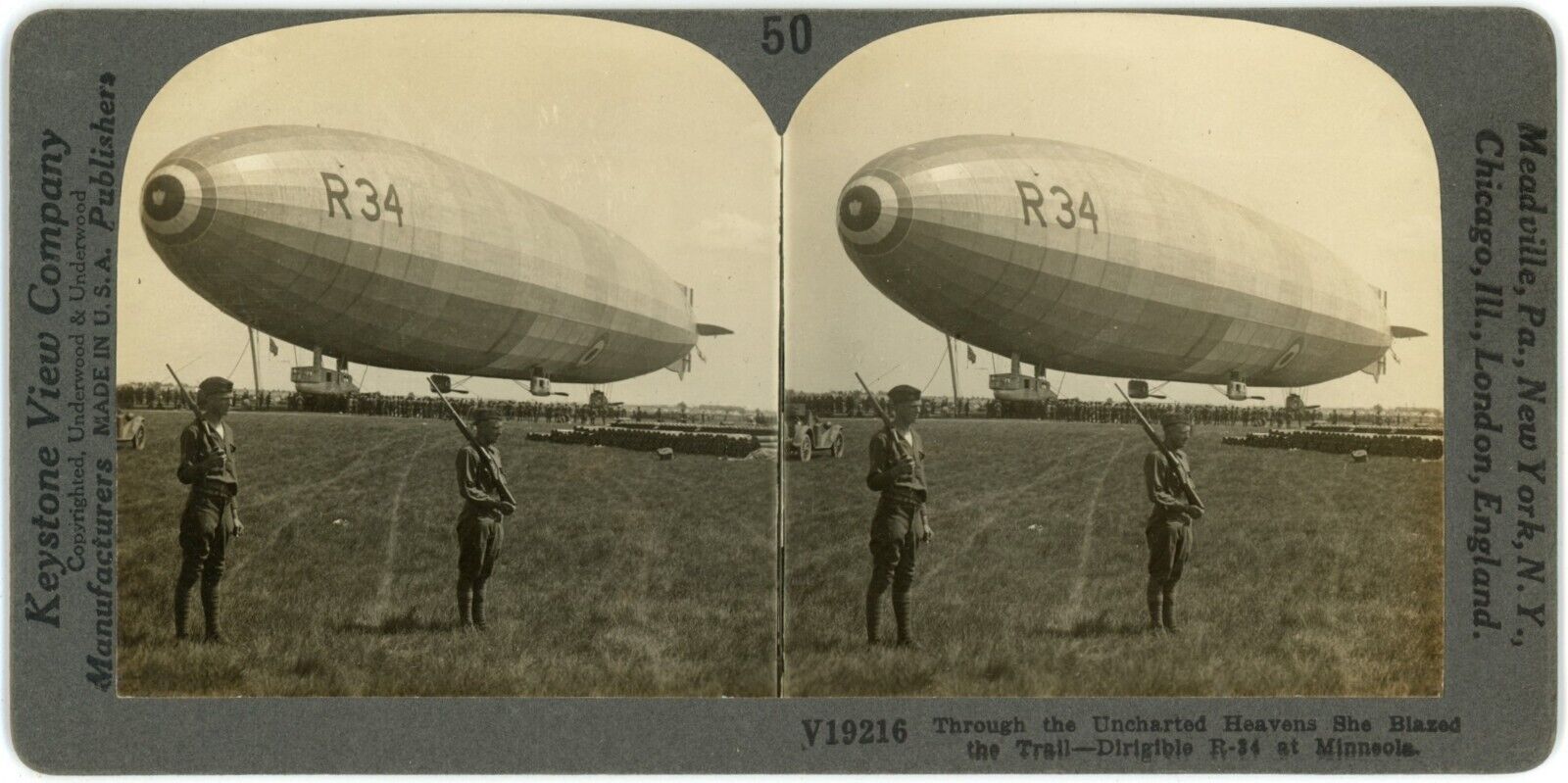 c1900\'s Keystone Real Photo Stereoview Card Soldiers Dirigible R-34 at Minneola