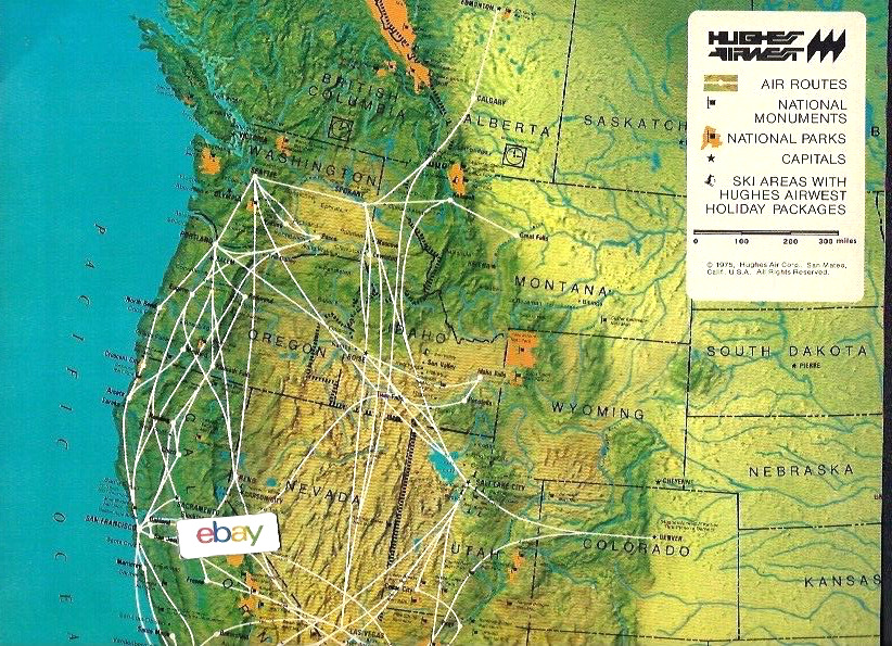 HUGHES AIRWEST 2 PAGE ROUTE MAP ART 1977